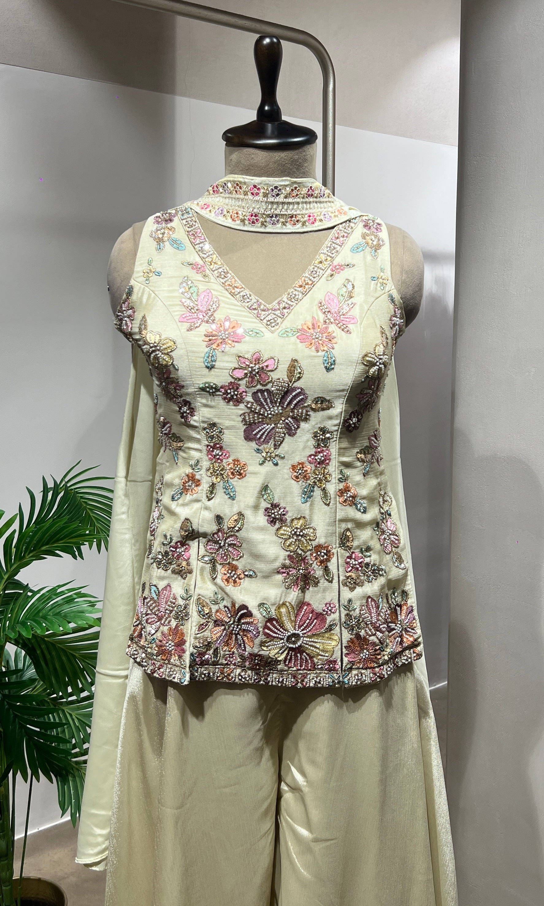 Cream Floral Embroidered Palazzo Suit