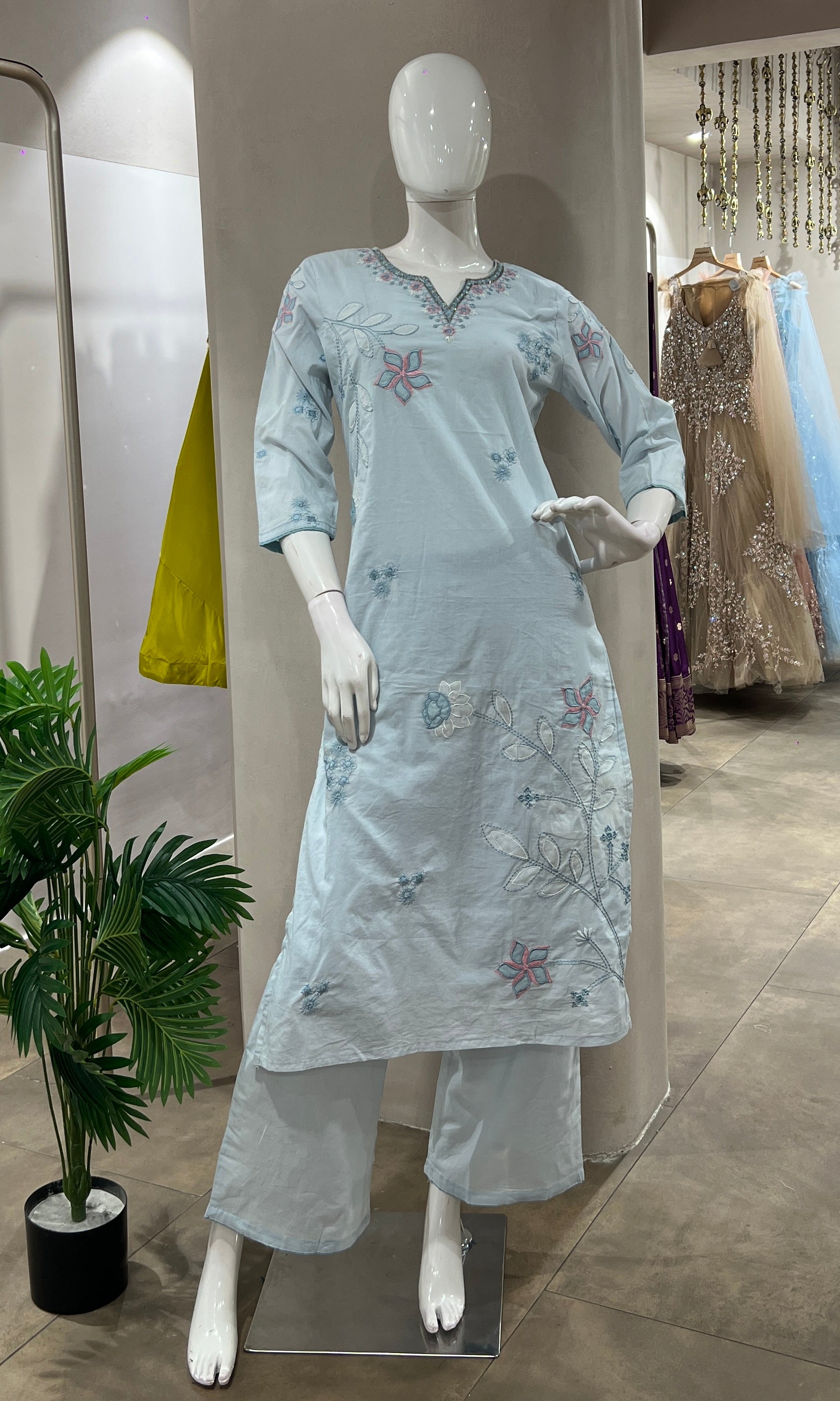BLUE FLORAL MOTIFS COTTON KURTA SET