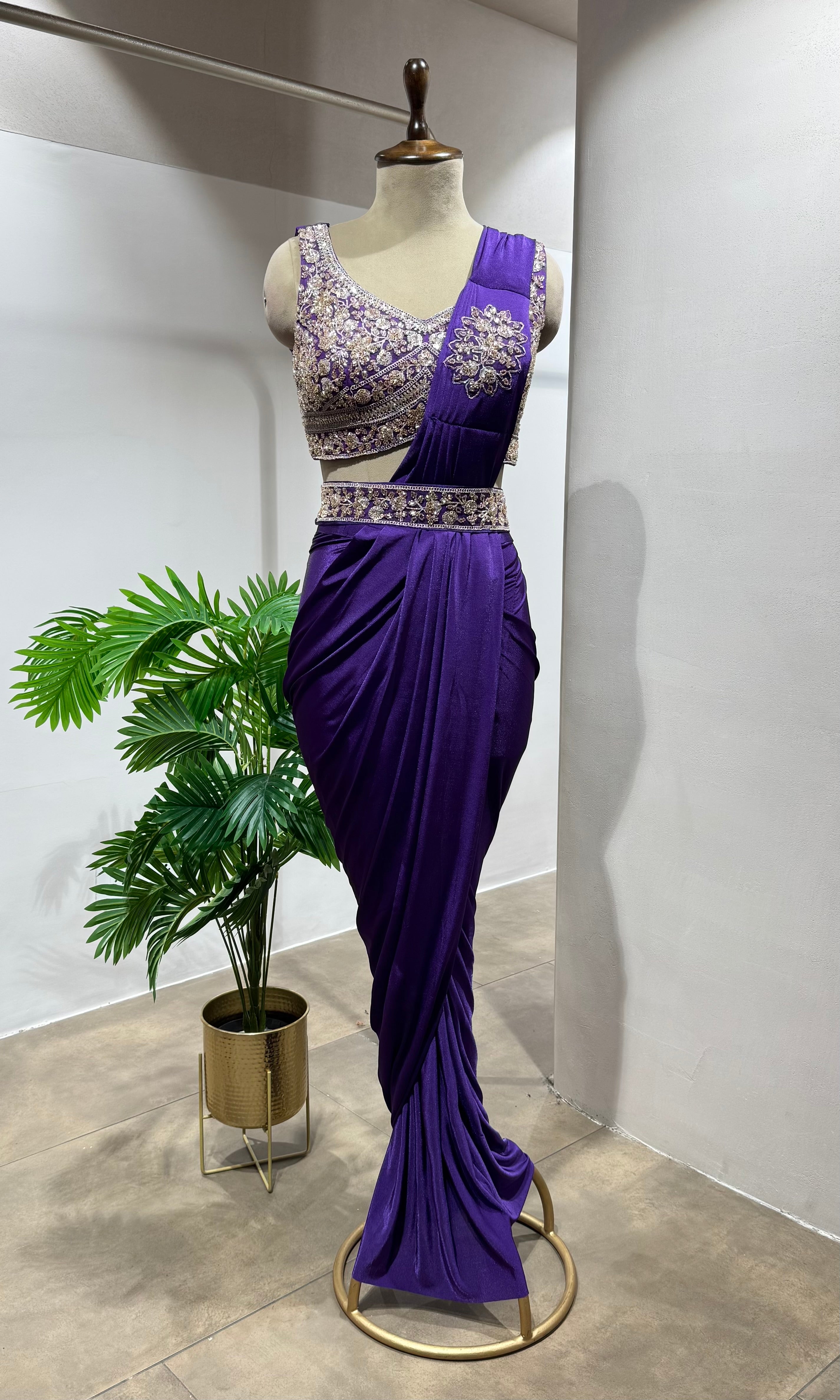 purple Draped Saree with Embellished Blouse & belt