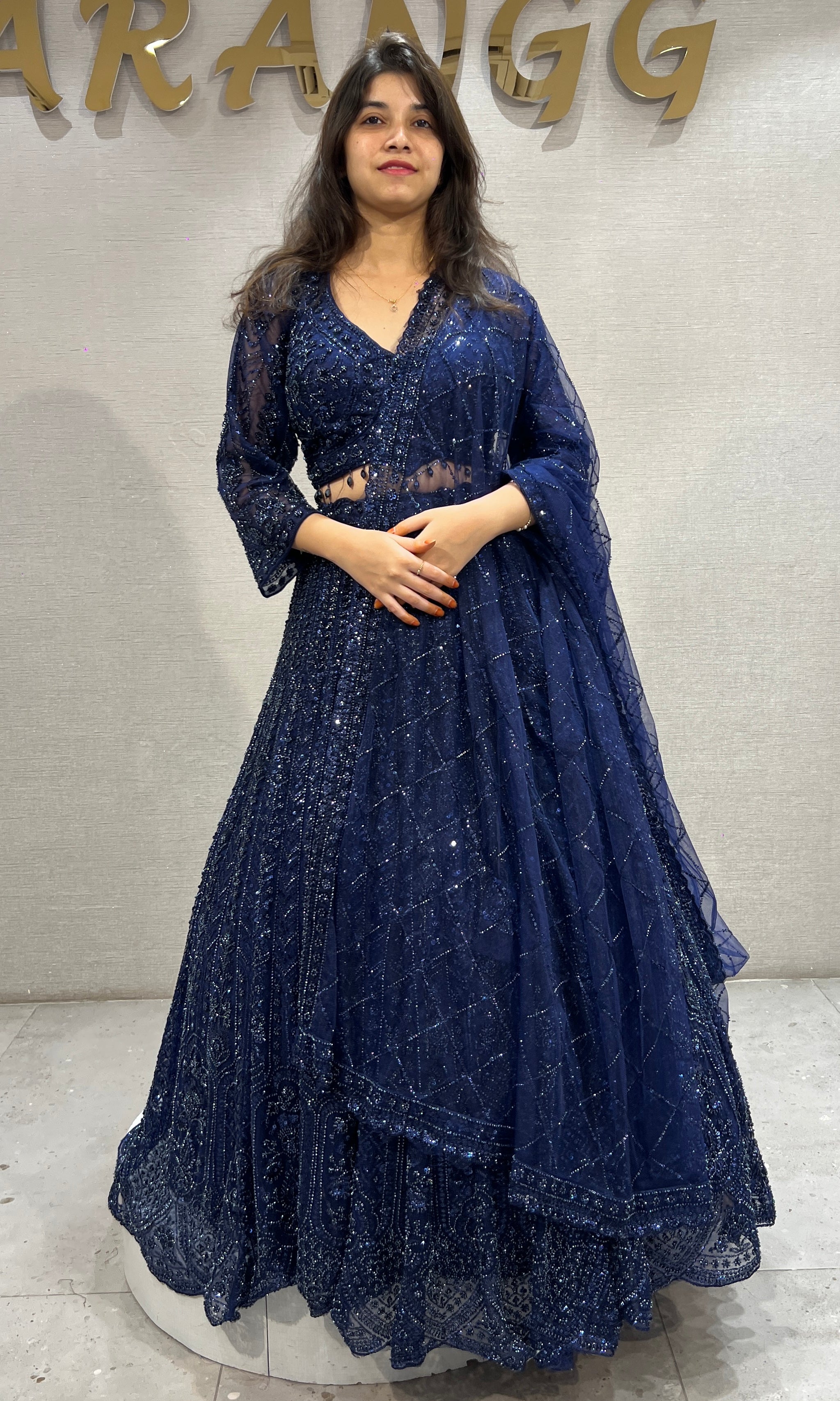 Navy Blue Embellished Net Lehenga