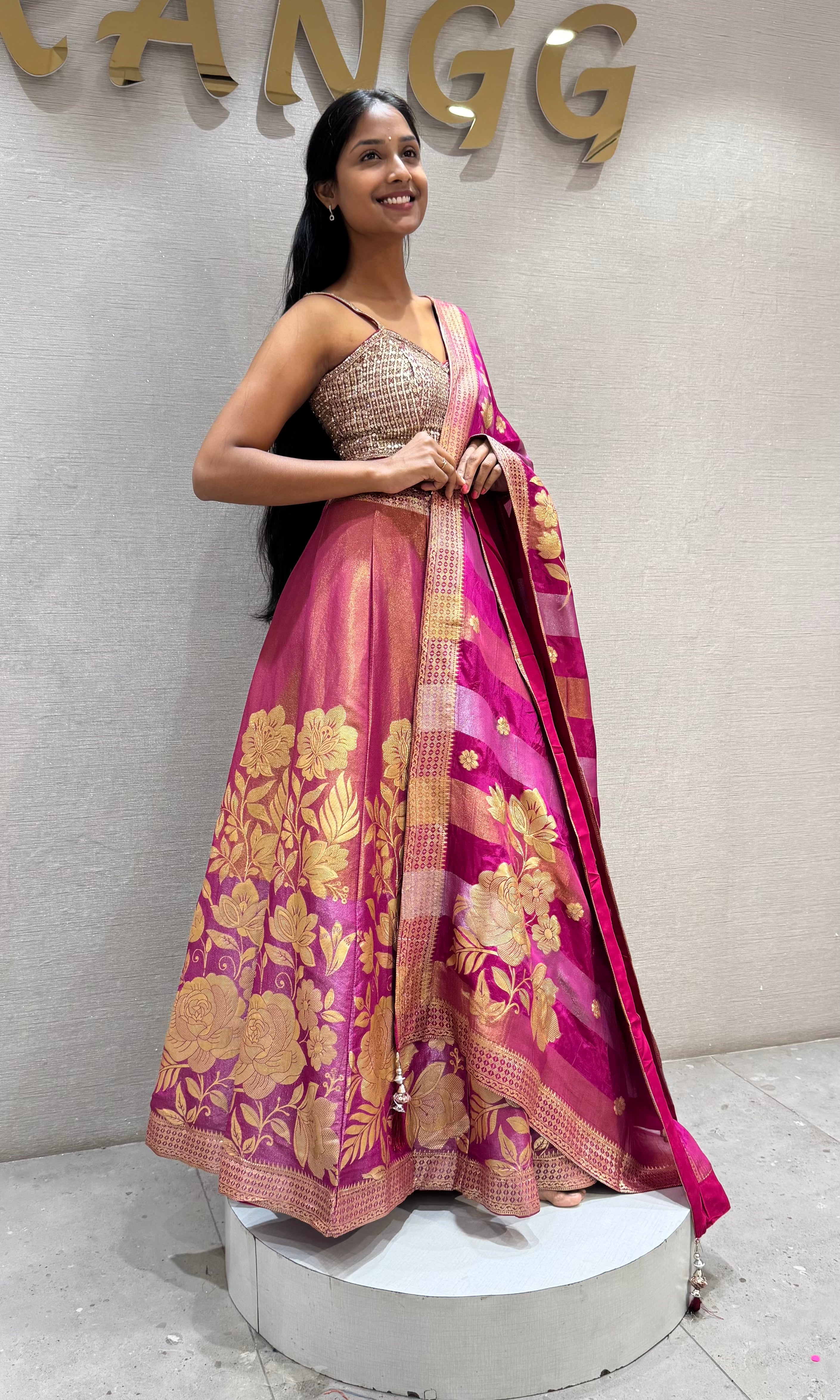 Fuchsia PINK and Gold Floral Banarasi Silk Lehenga