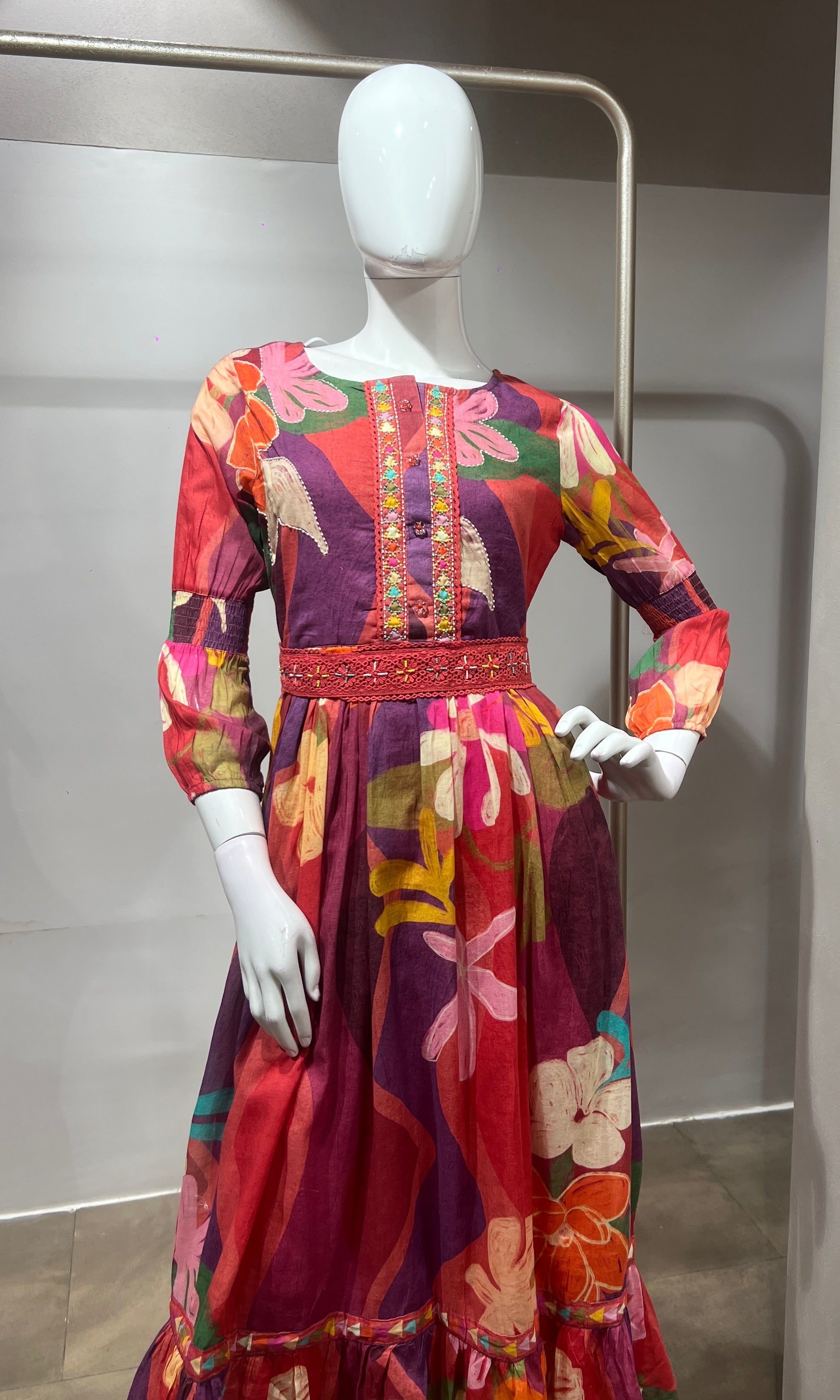 Rust Multi Abstract Print Long Sleeve Frock