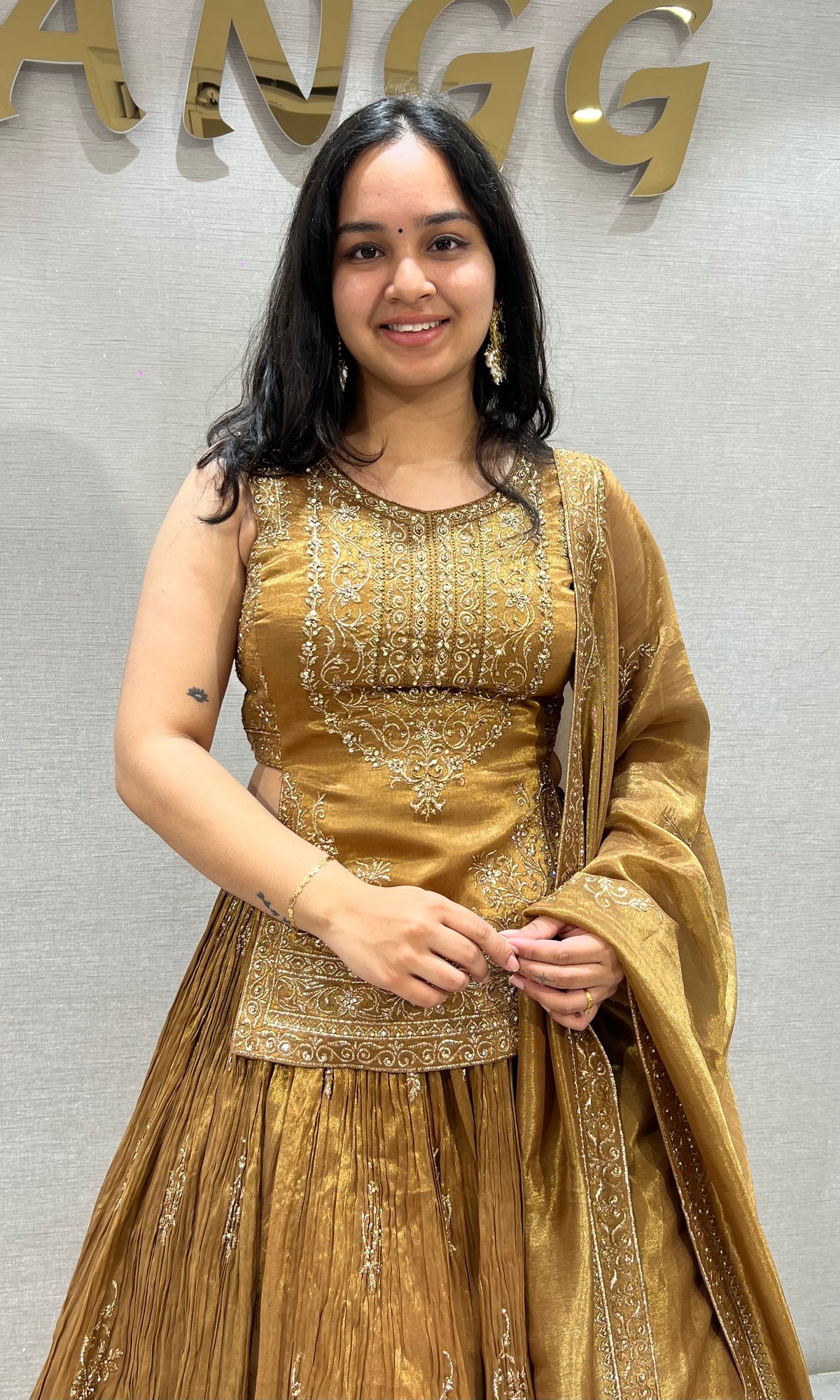 Brown Golden Tissue silk Lehenga Set