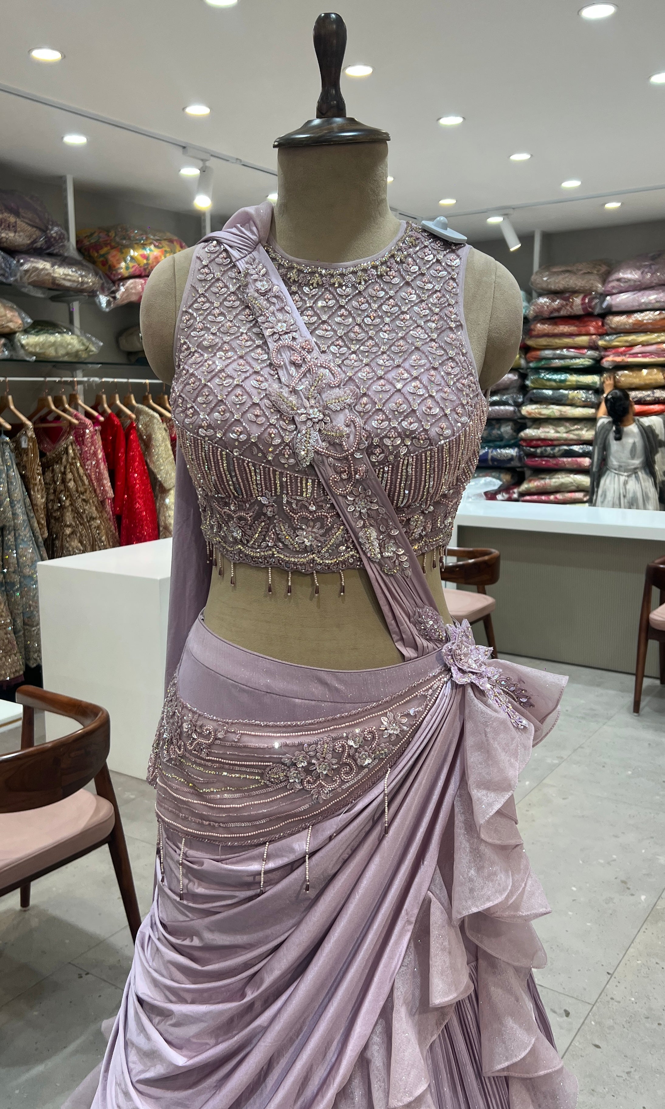 Lilac DRAPE LEHENGA WITH RUFFLES AND PALLU