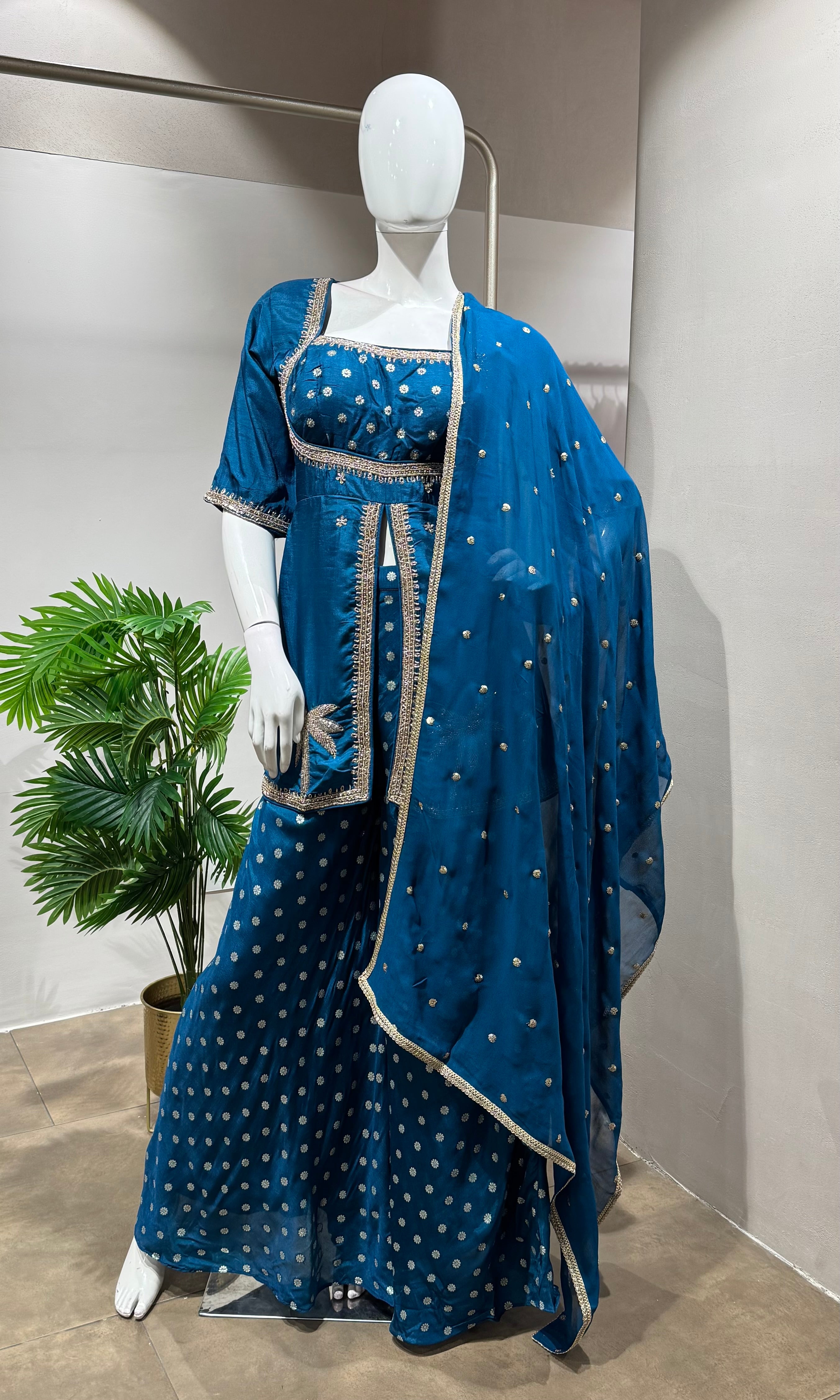 BLUE PEPLUM FRONT SLIT PALAZZO SET