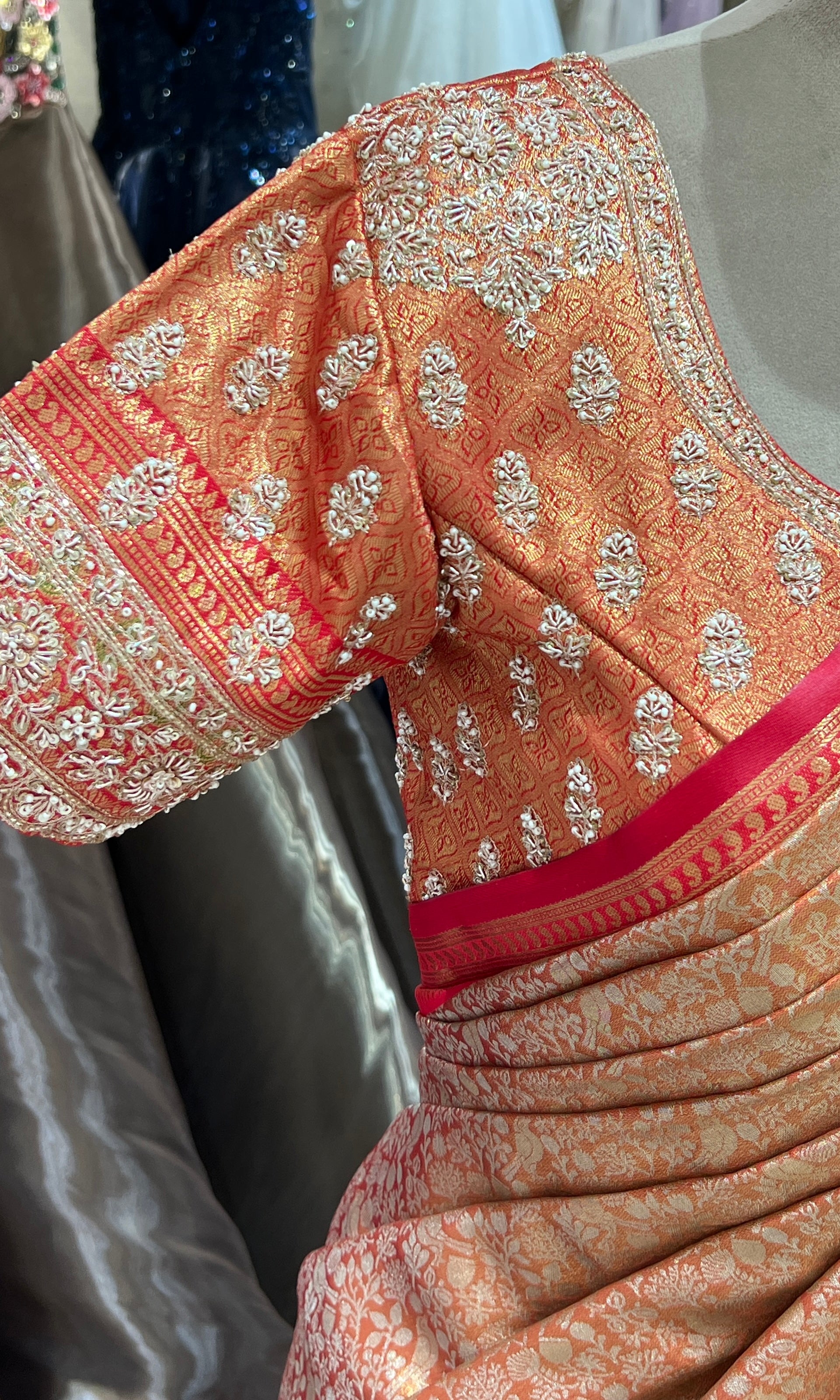Red saree with ready blouse