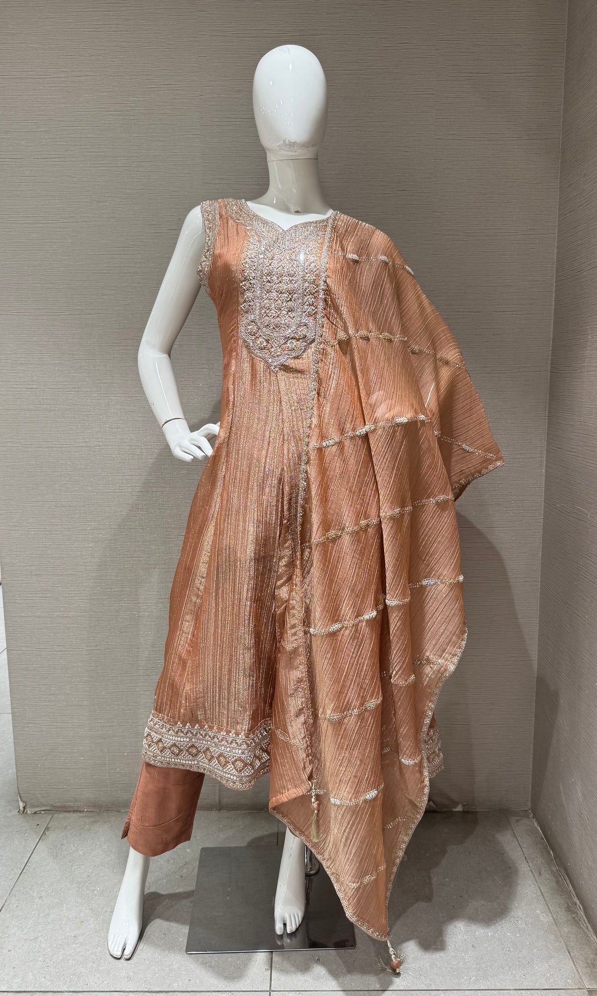 Peach Shimmer Golden Embroidered Kurta Set with dupatta