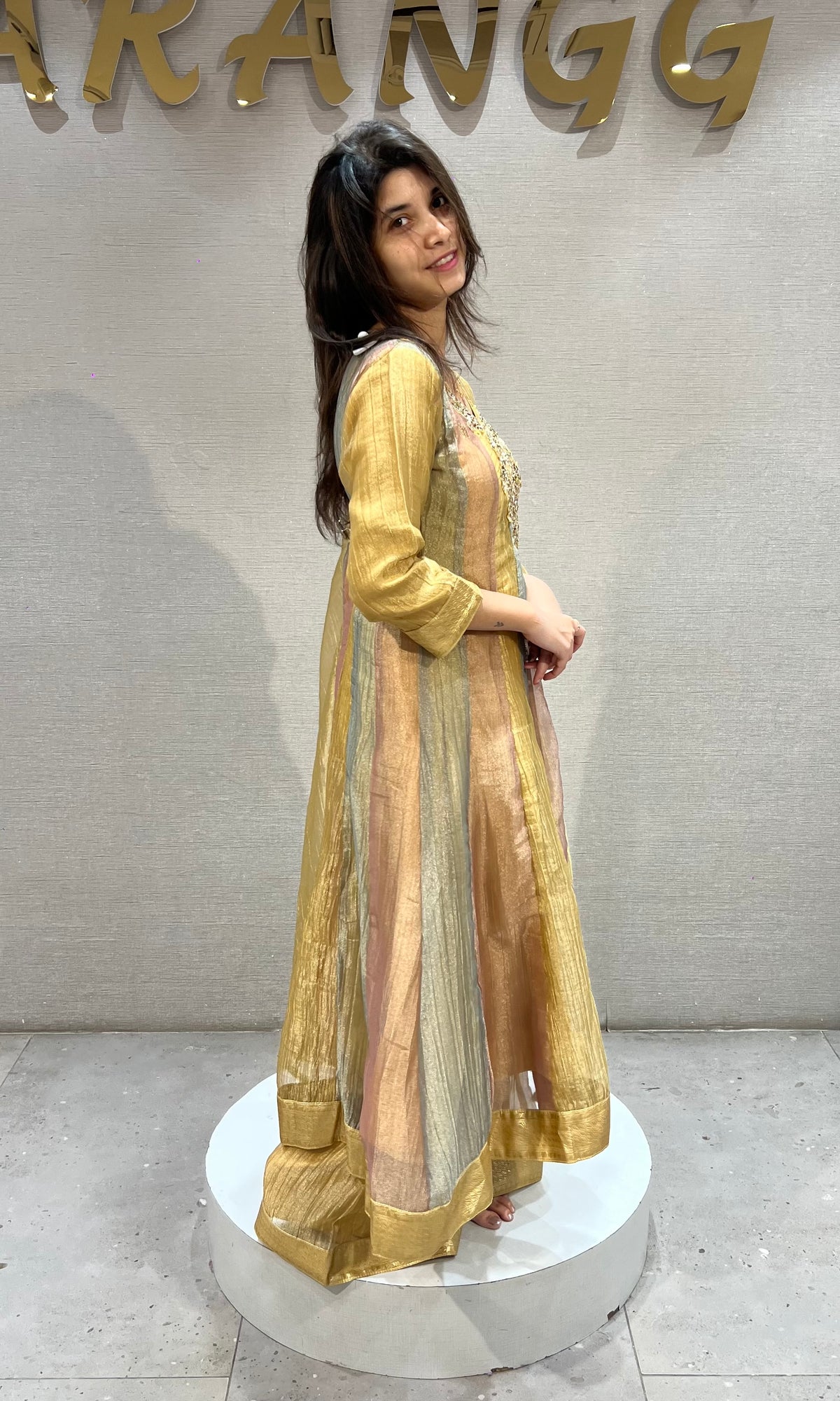 Gold Tissue silk anarkali set with dupatta