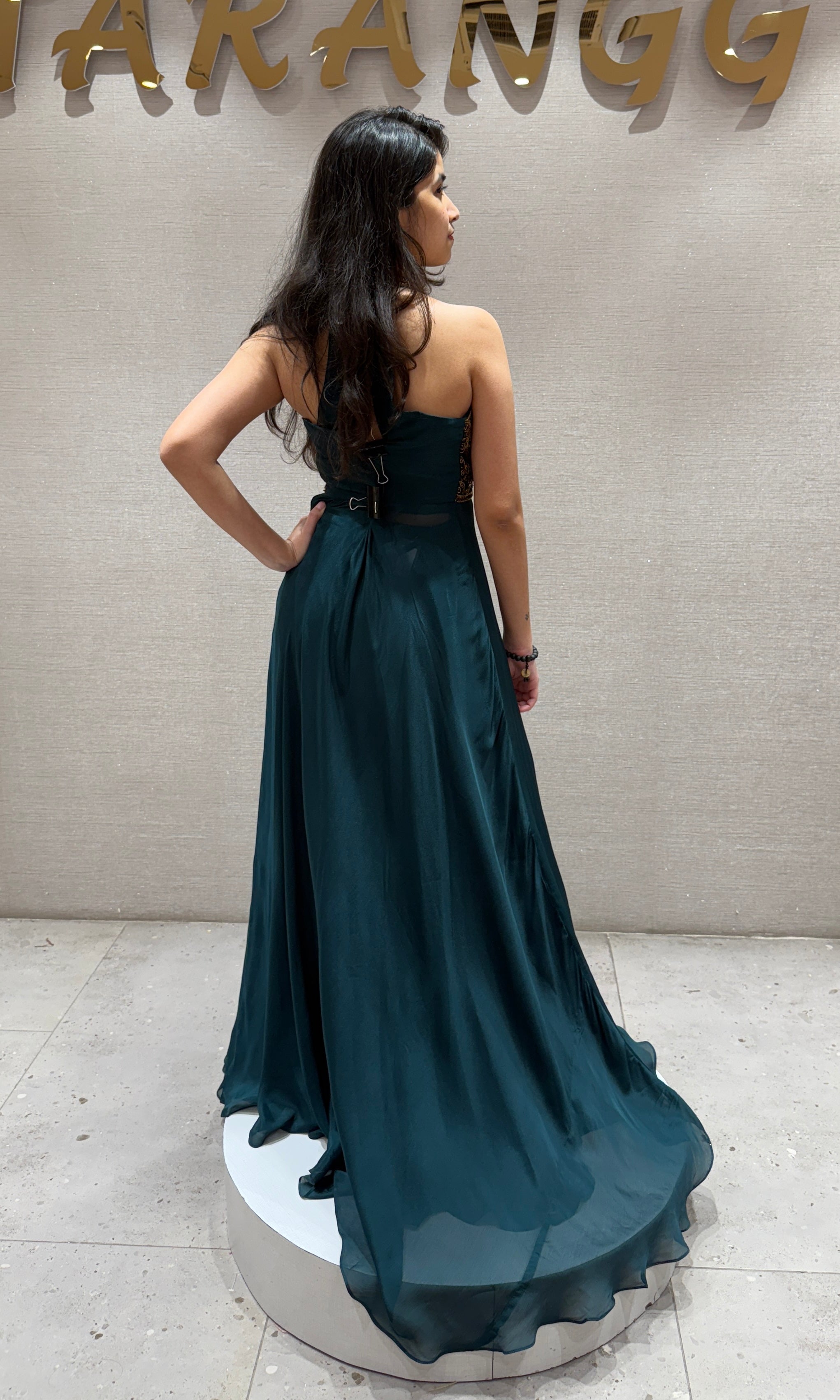 Peacock blue halter neck front silt gown