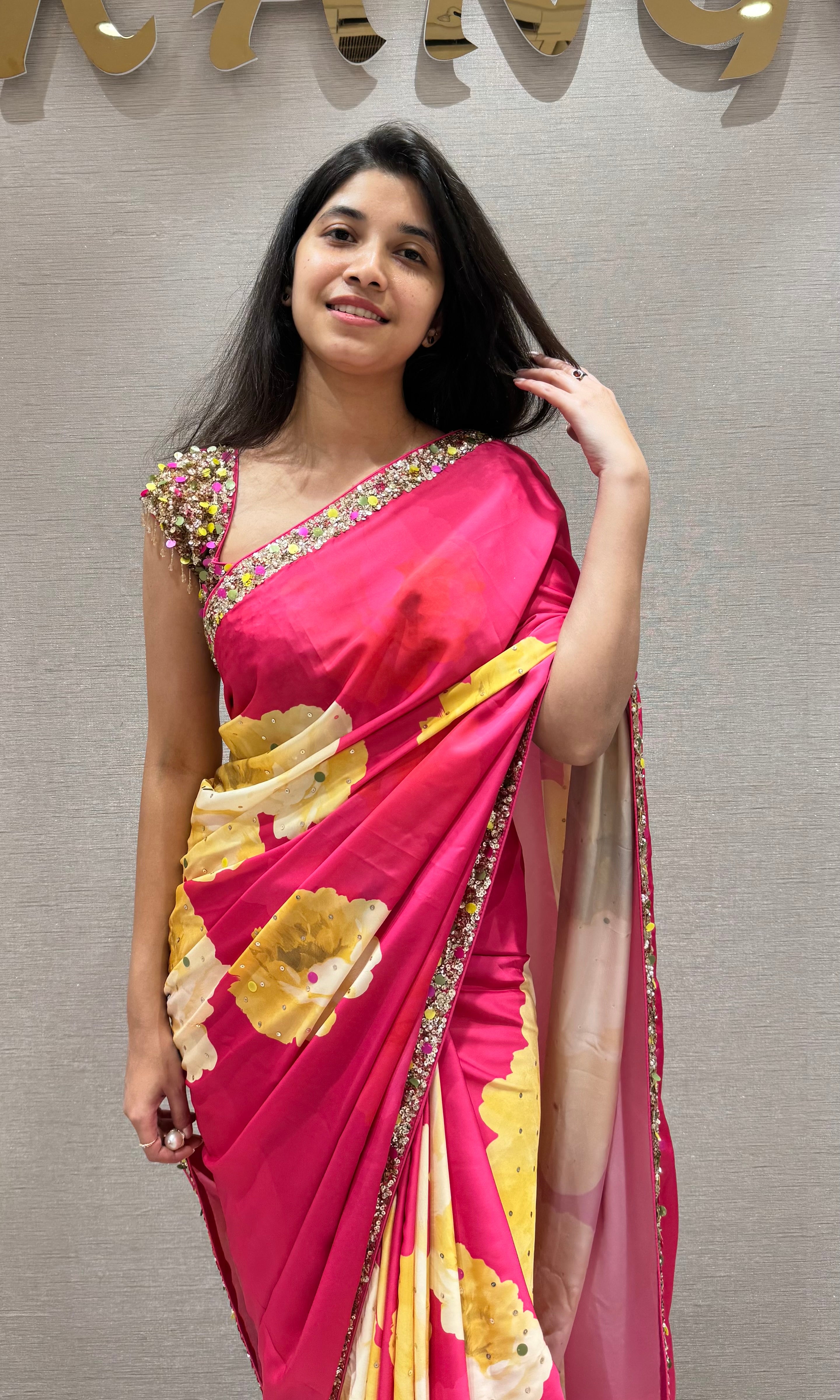 Pink Floral Saree WITH EMBROIDERED BLOUSE