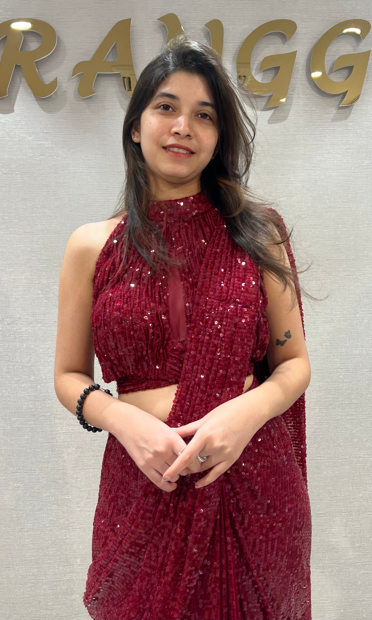 Maroon Georgette Sequined Draped Saree