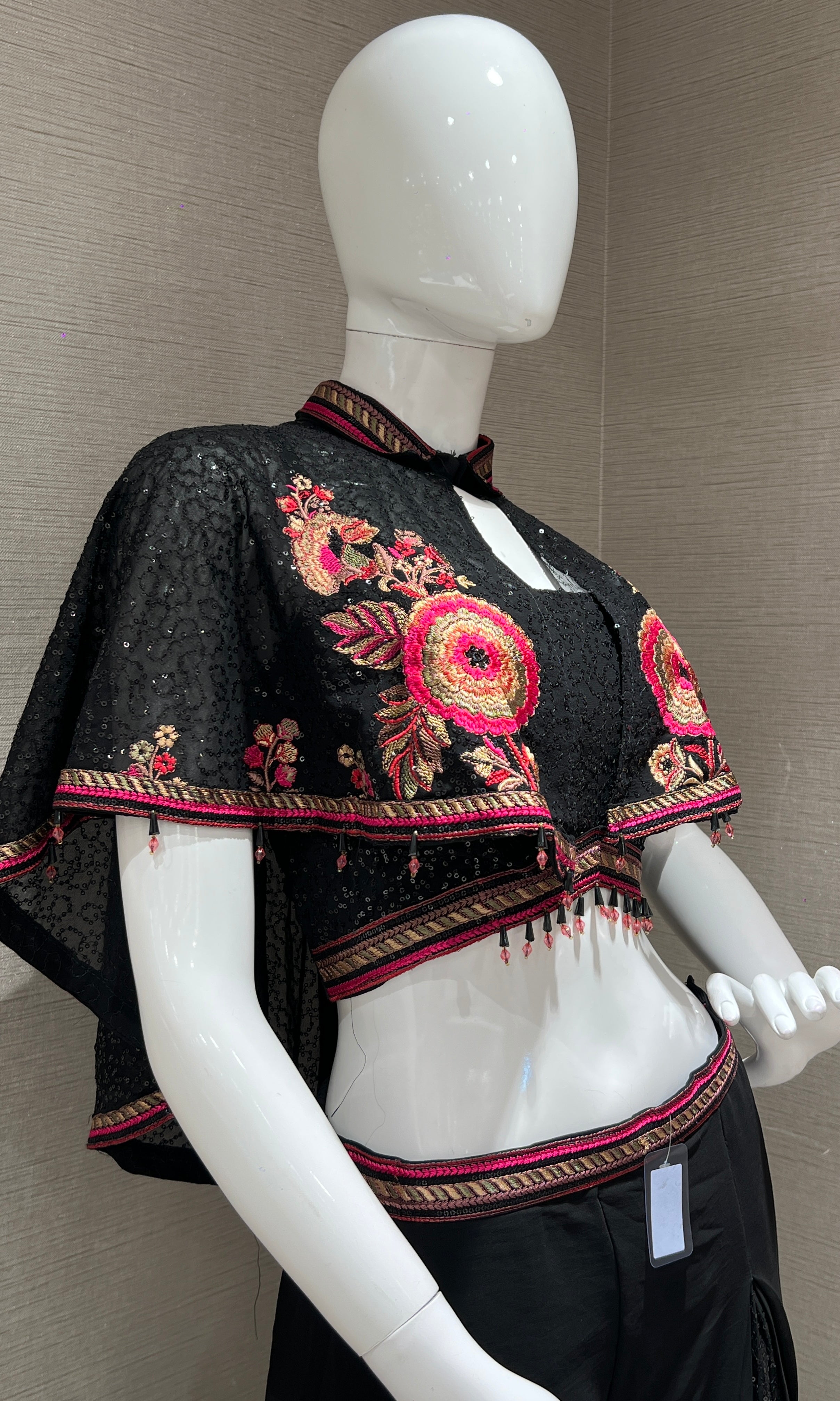 Black Sequin Cape Top & Embroidered Sharara