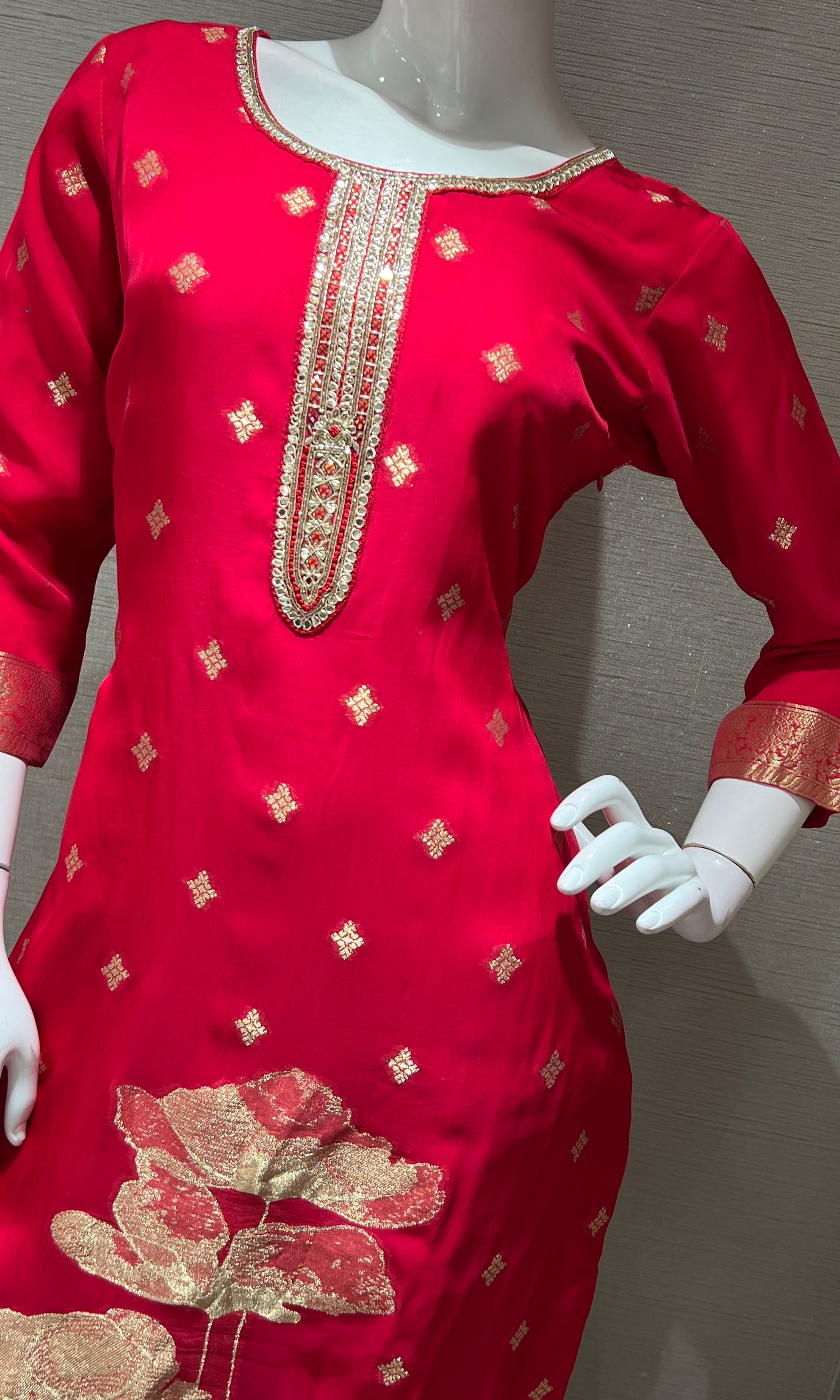 Rani pink golden floral kurta set