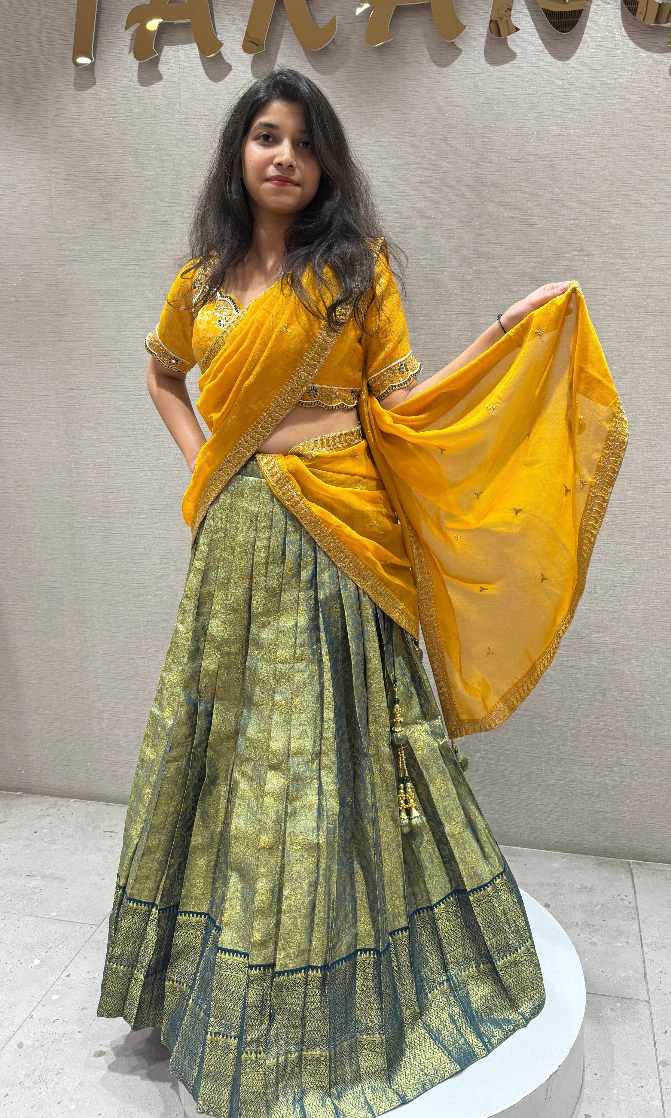 Green yellow silk pattu Lehenga - Main Image
