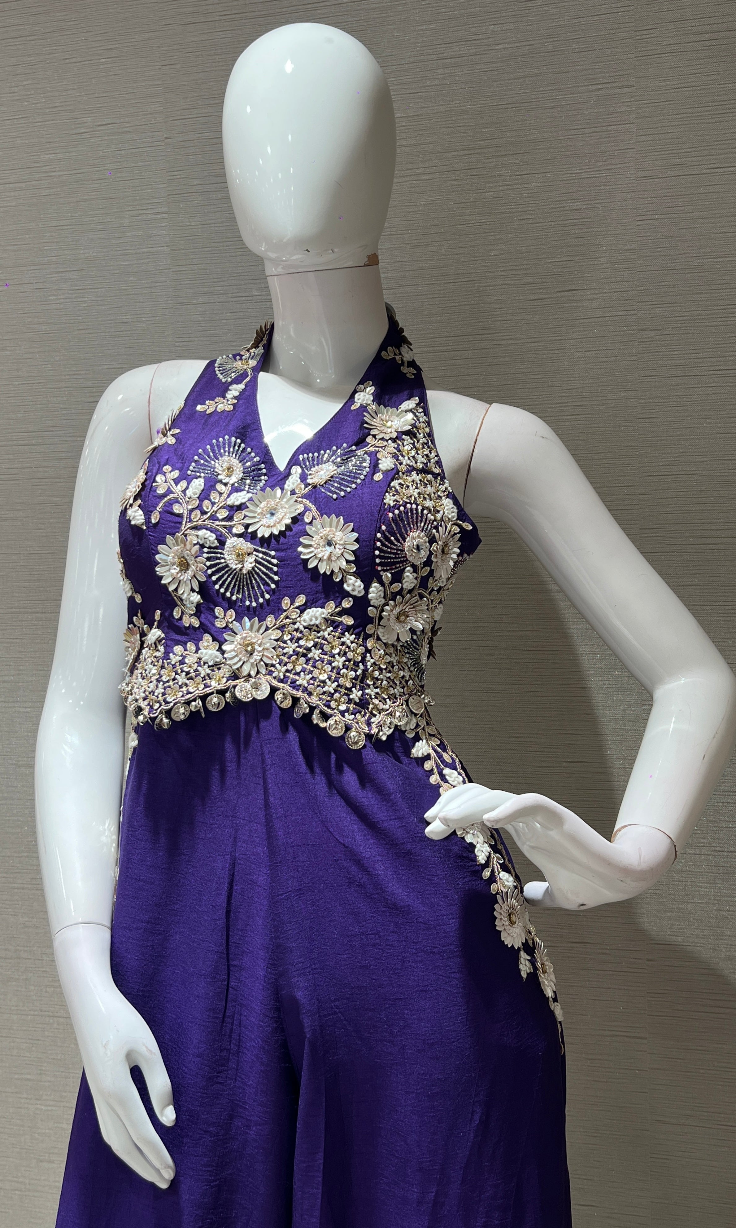 halter neck  Purple jumpsuit with floral embroidery