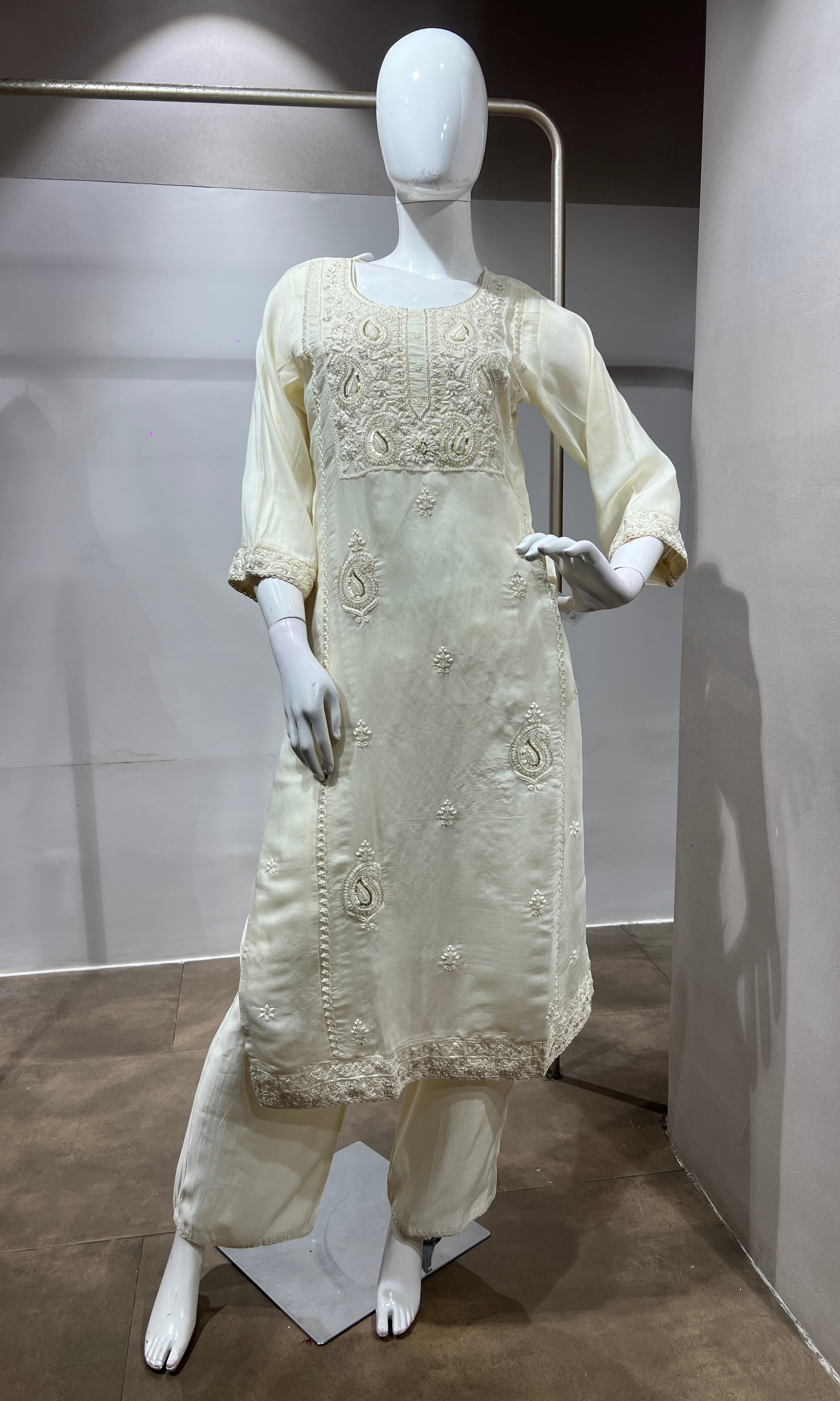Half White Chanderi Silk Kurta Suit Set