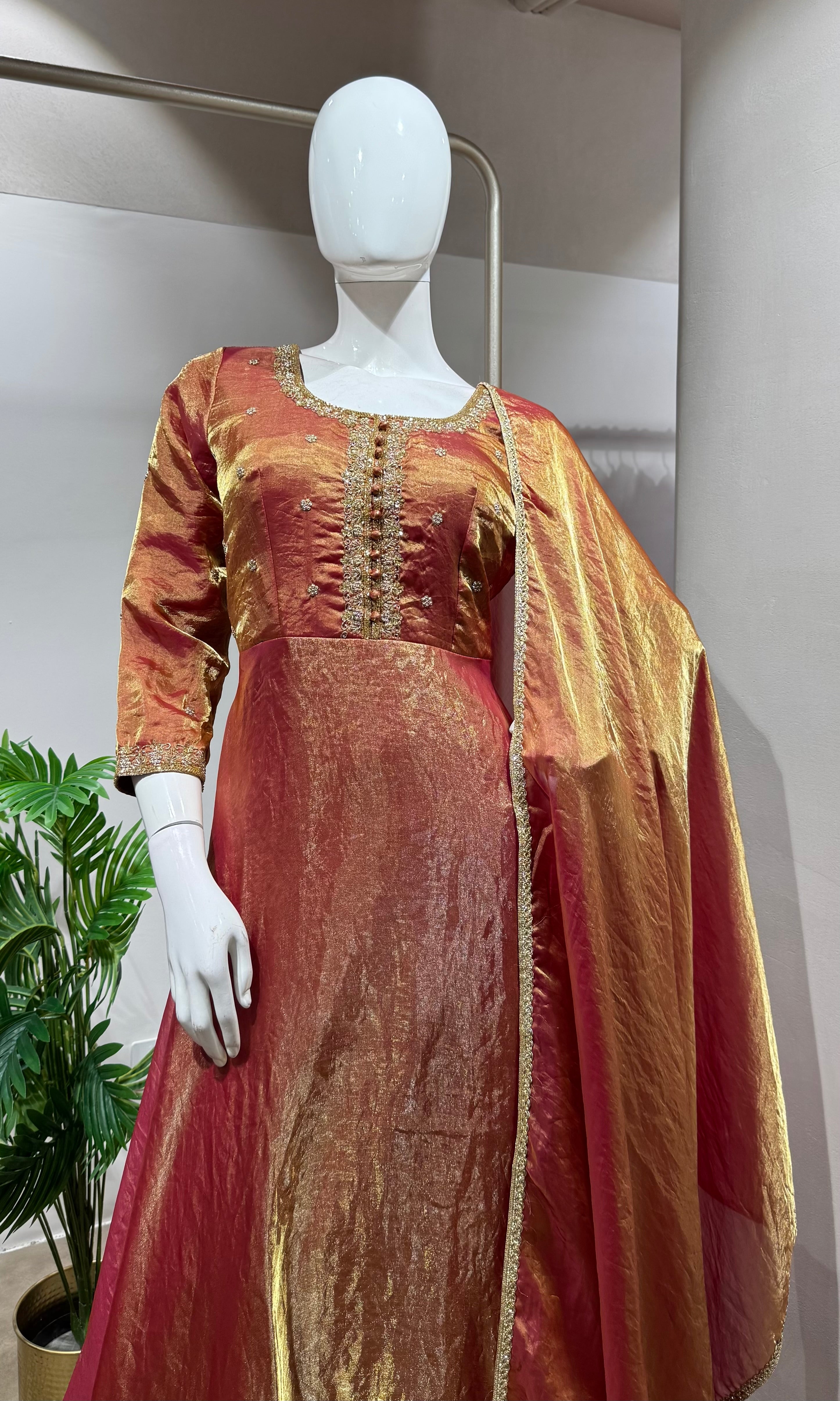 Shimmering RUST-Gold Silk Tissue Anarkali Set
