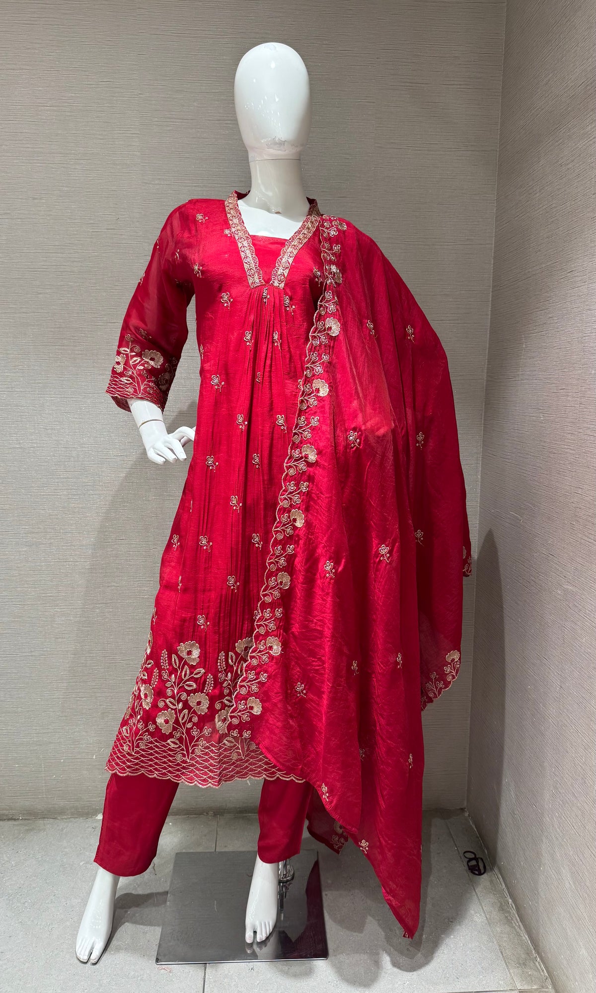 Maroon golden floral a line kurta set with dupatta