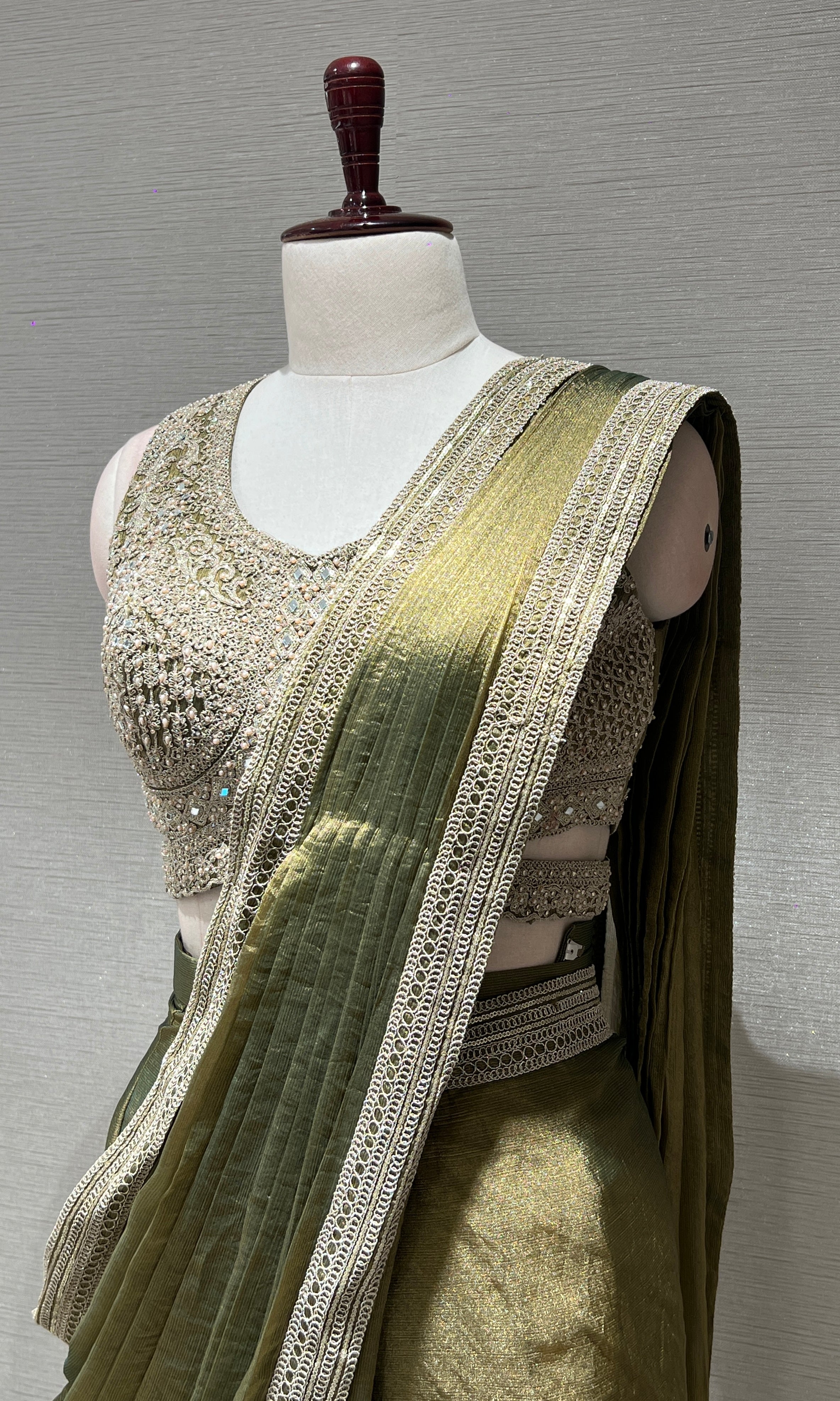 GREEN GOLD CORSET BLOUSE DRAPE SAREE