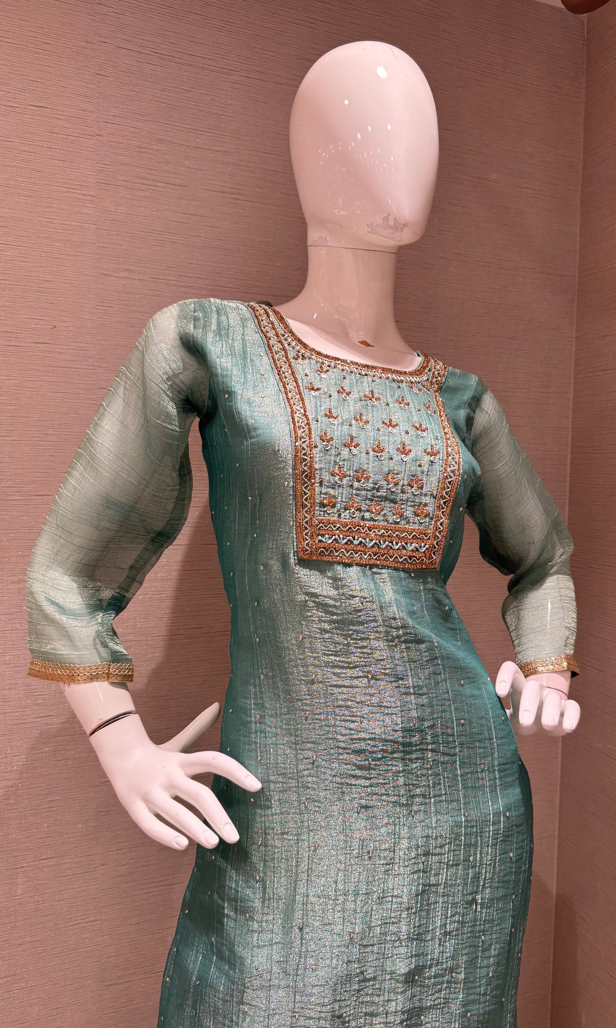 Sea green Tissue silk Salwar Kurta set with Gold Embroidery