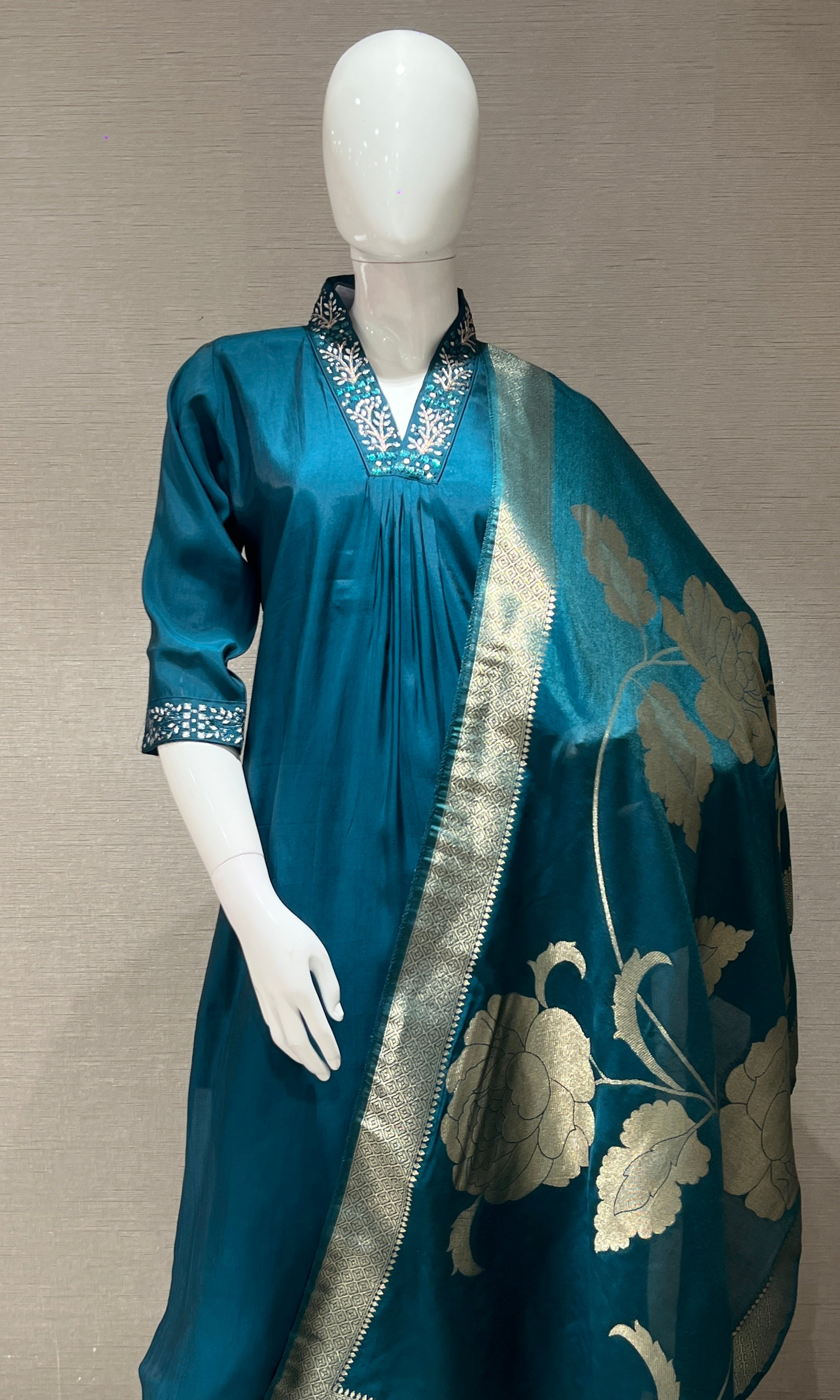 blue kurta set with gold dupatta