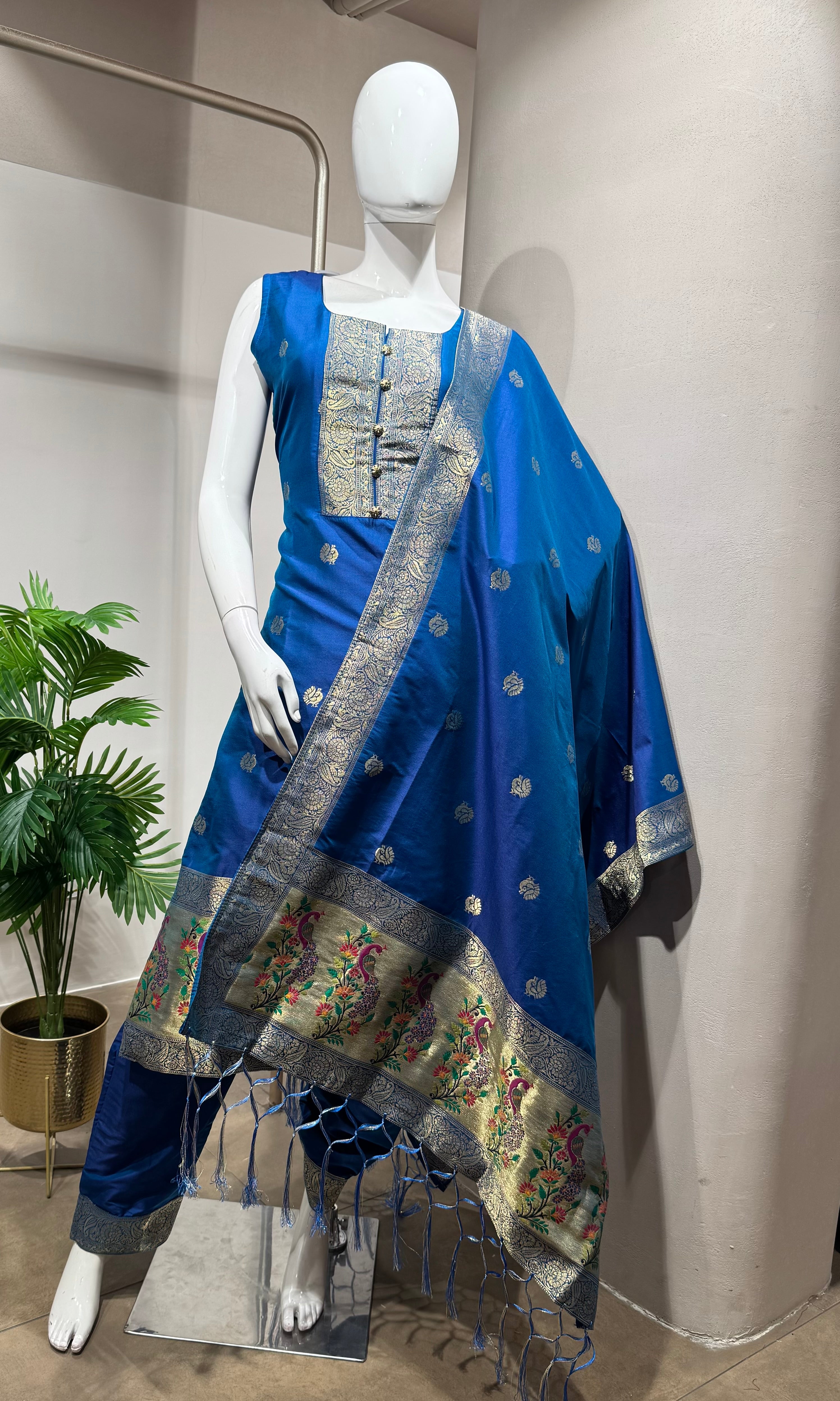 NAVY Blue Banarasi Silk Kurta Set