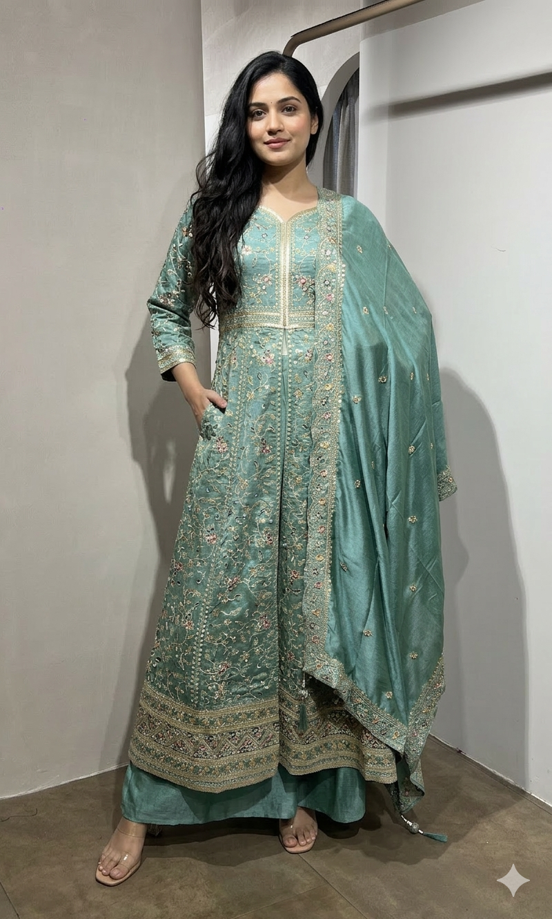 Sea green FRONT SLIT ANARKALI SET