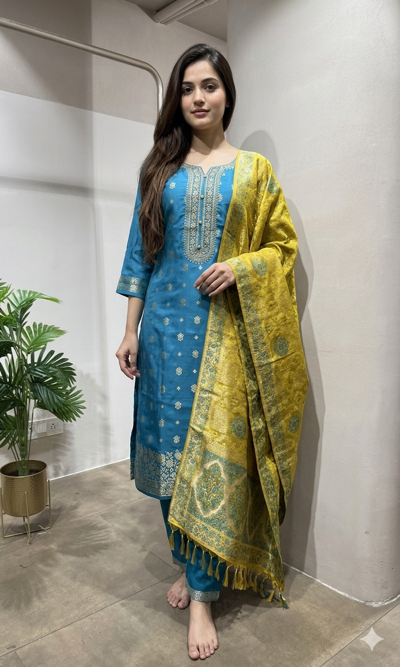 Rama blue woven design silk blend kurta set