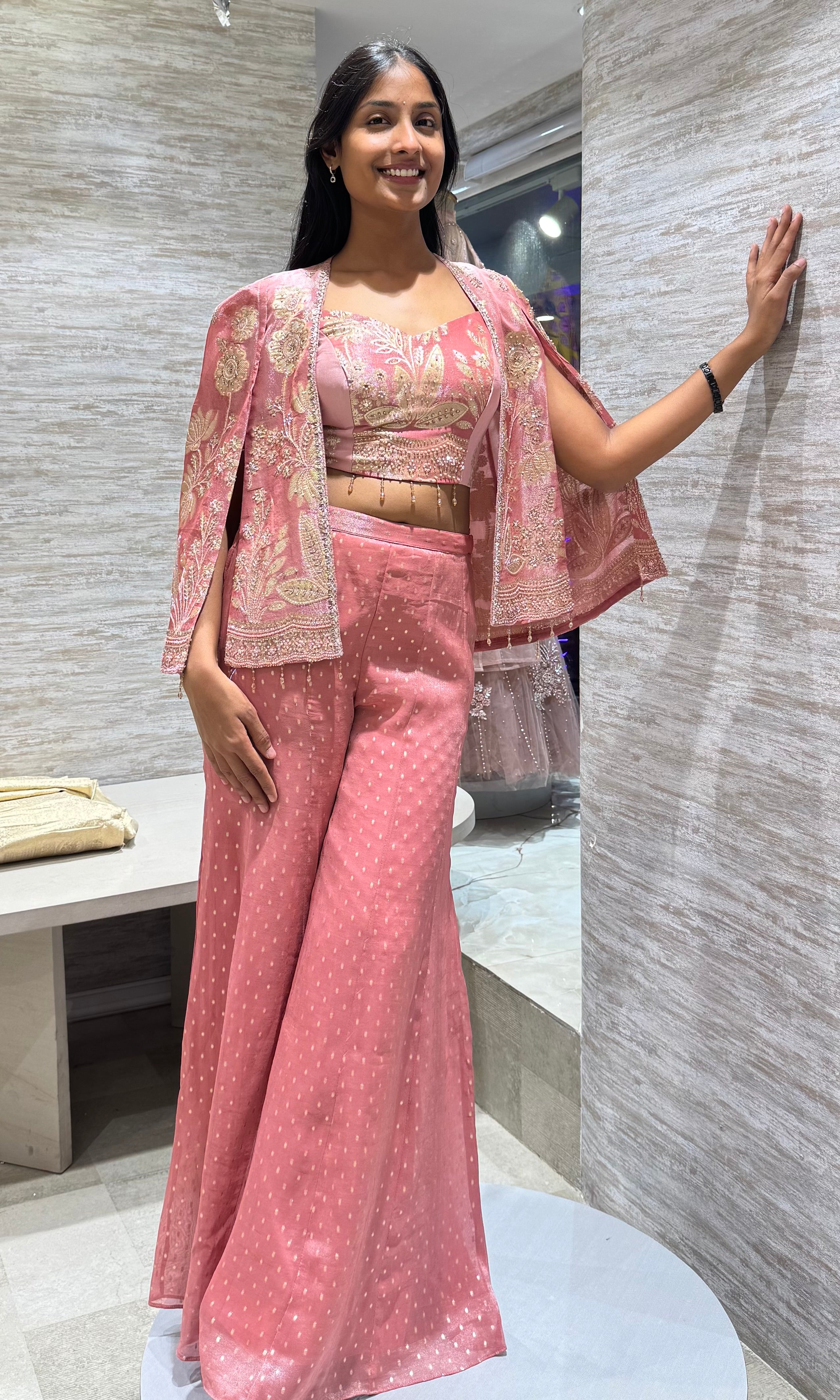 Onion pink embroidered palazzo set