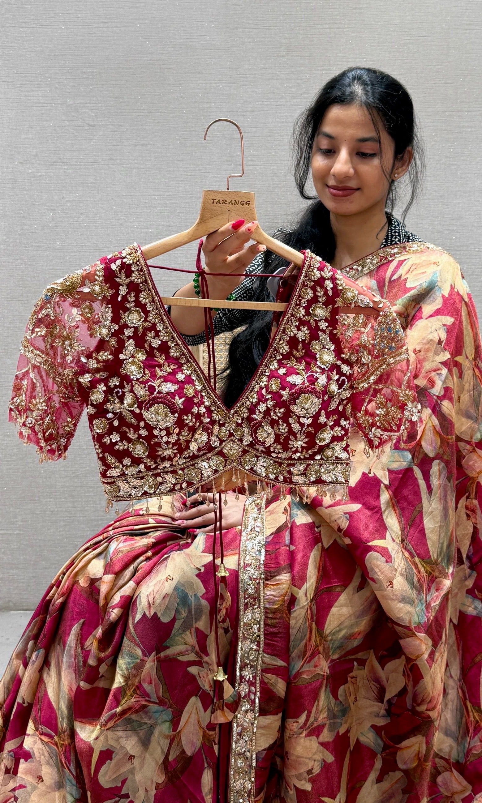 Red saree with ready blouse
