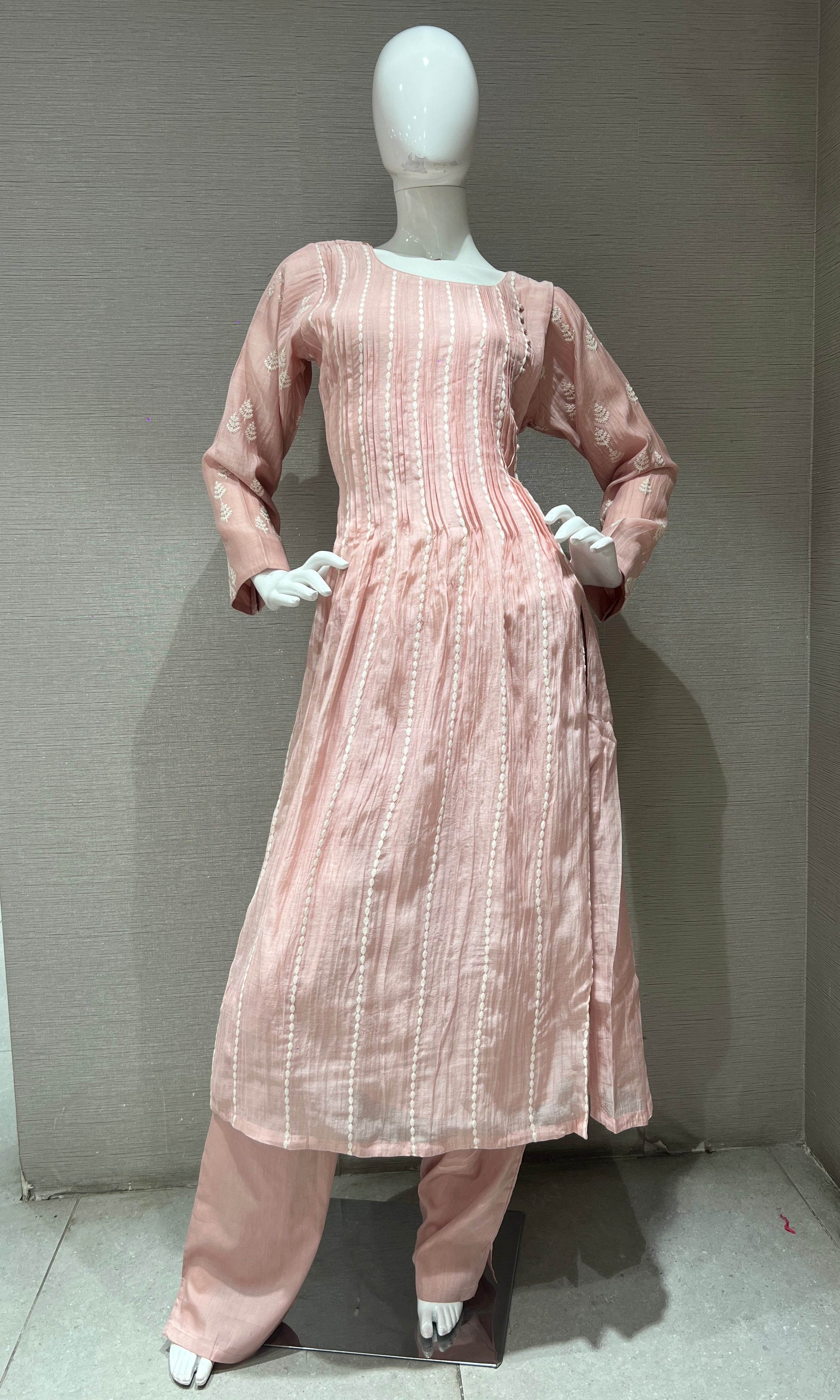 Pink Embroidered Stripes Anarkali Set