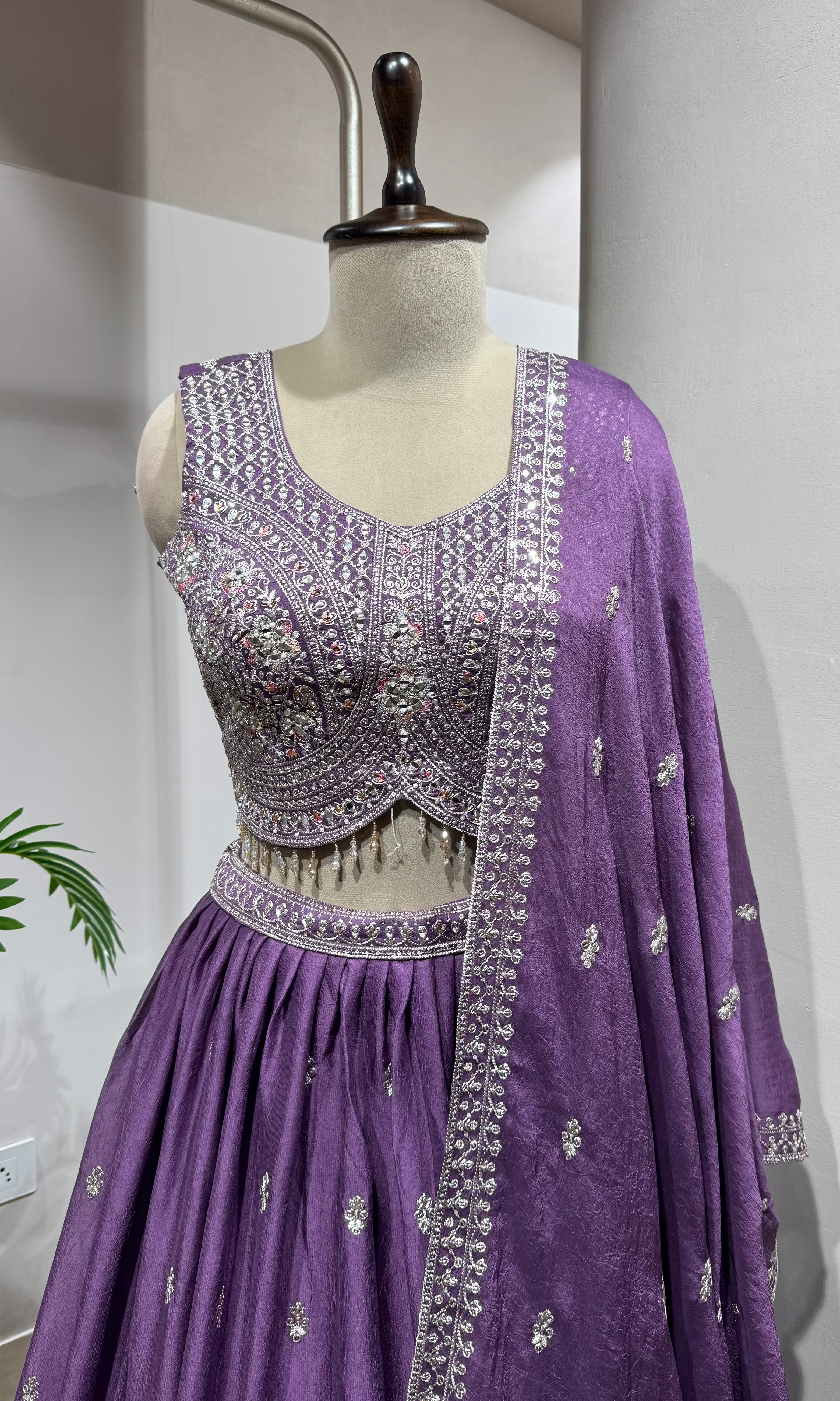Light Purple Silk Silver Embroidered Lehenga