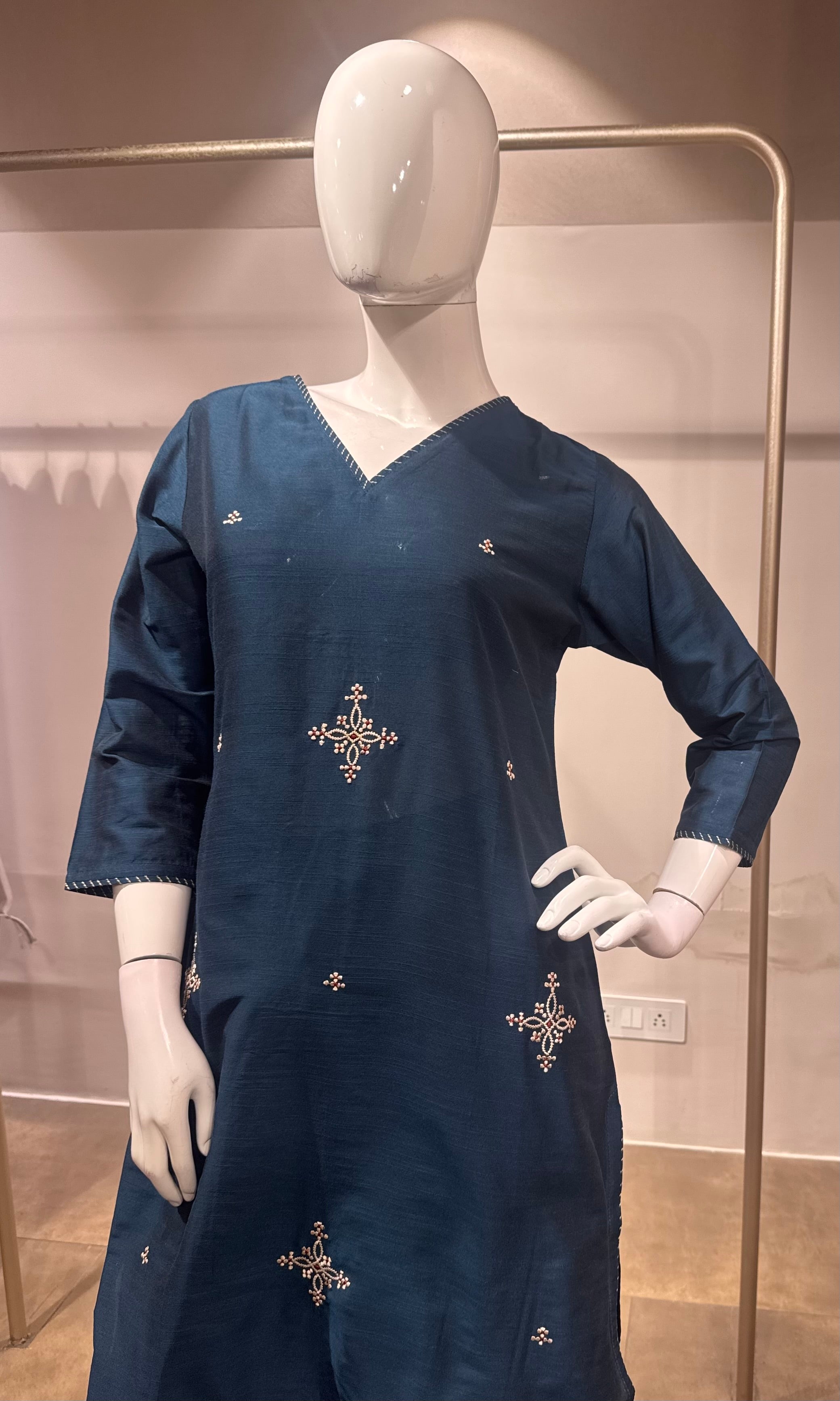 Blue Embroidered Chanderi Kurta Set with Dupatta
