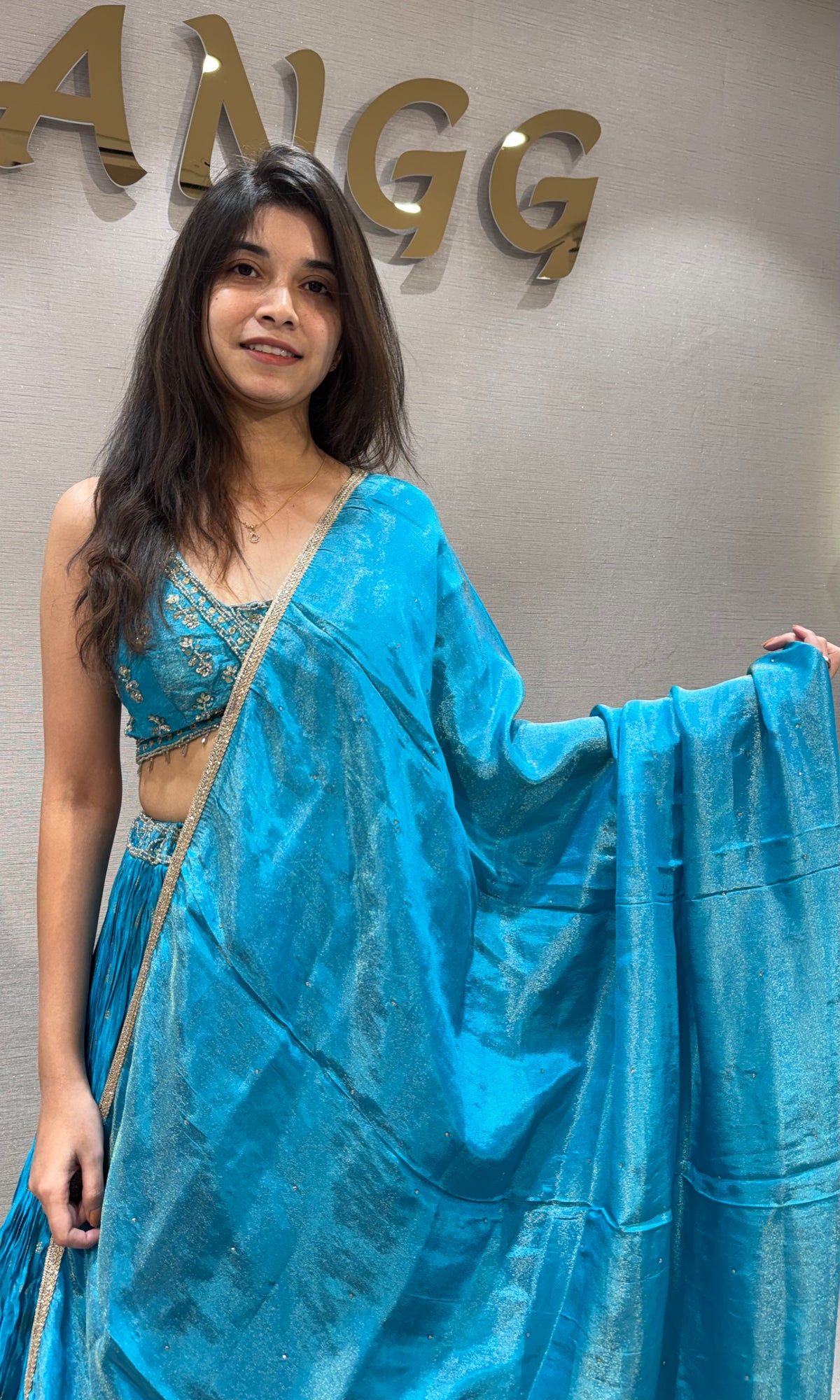 Blue tissue silk Gold Zari Detailing lehenga set with dupatta