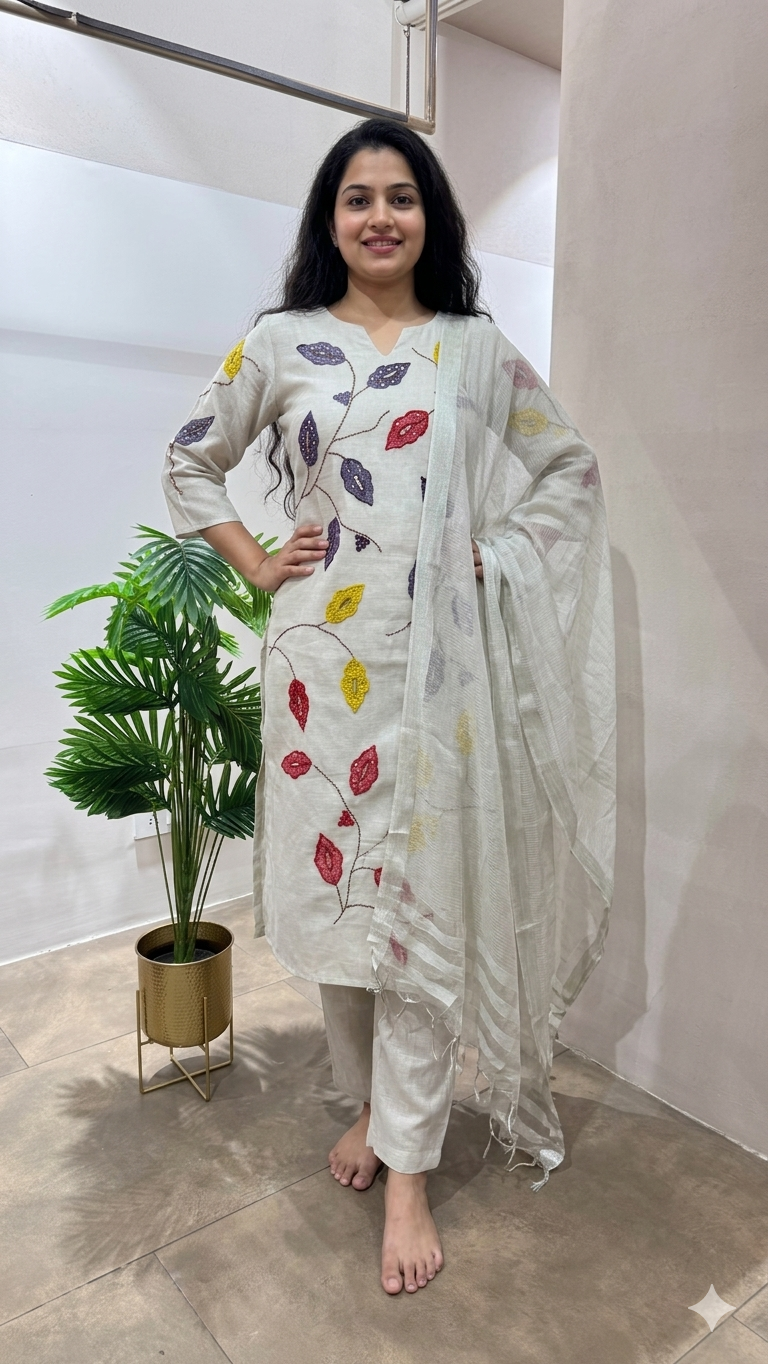 GREY kurta set with leaf embroidery