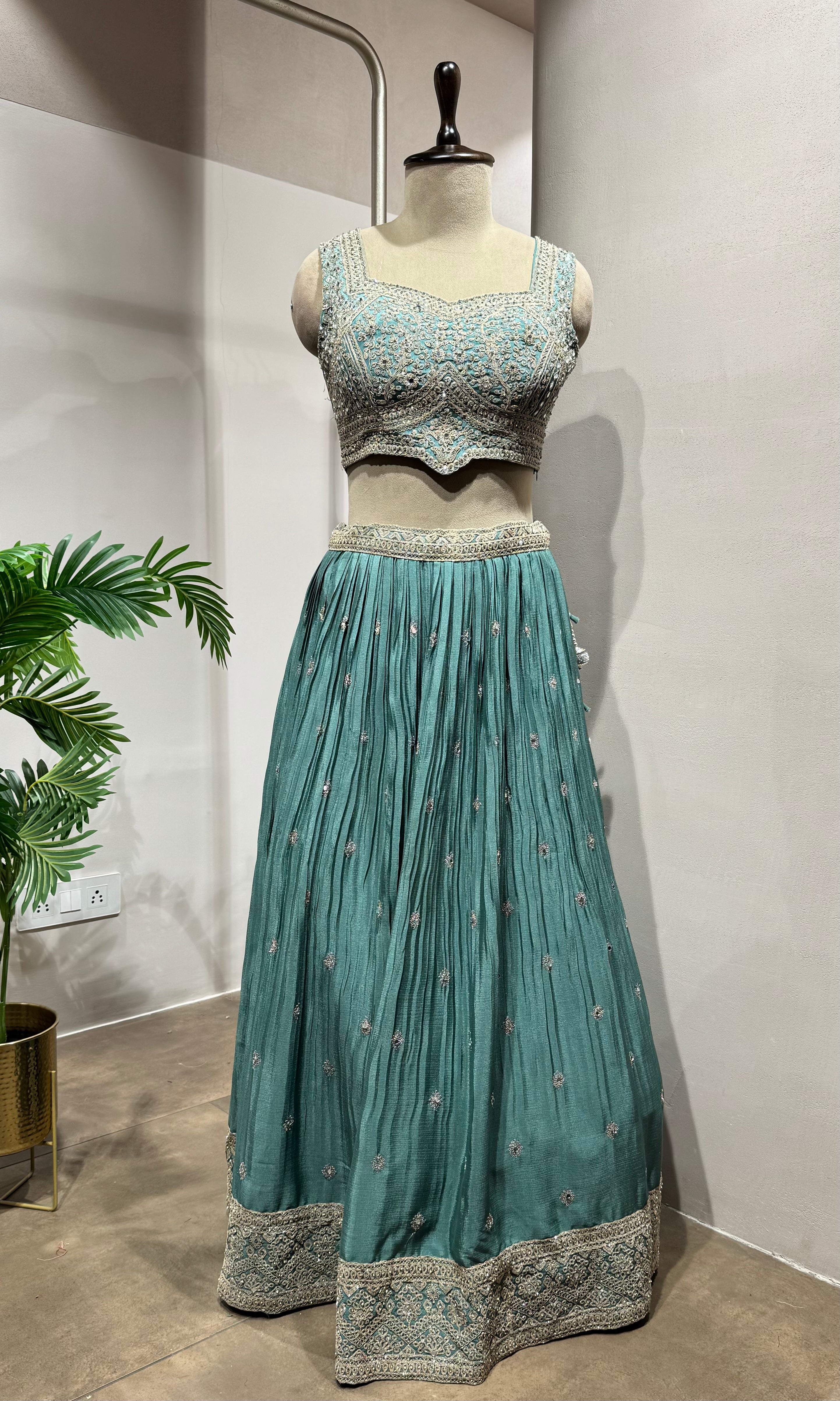 Light Green Embroidered Crop Top Lehenga