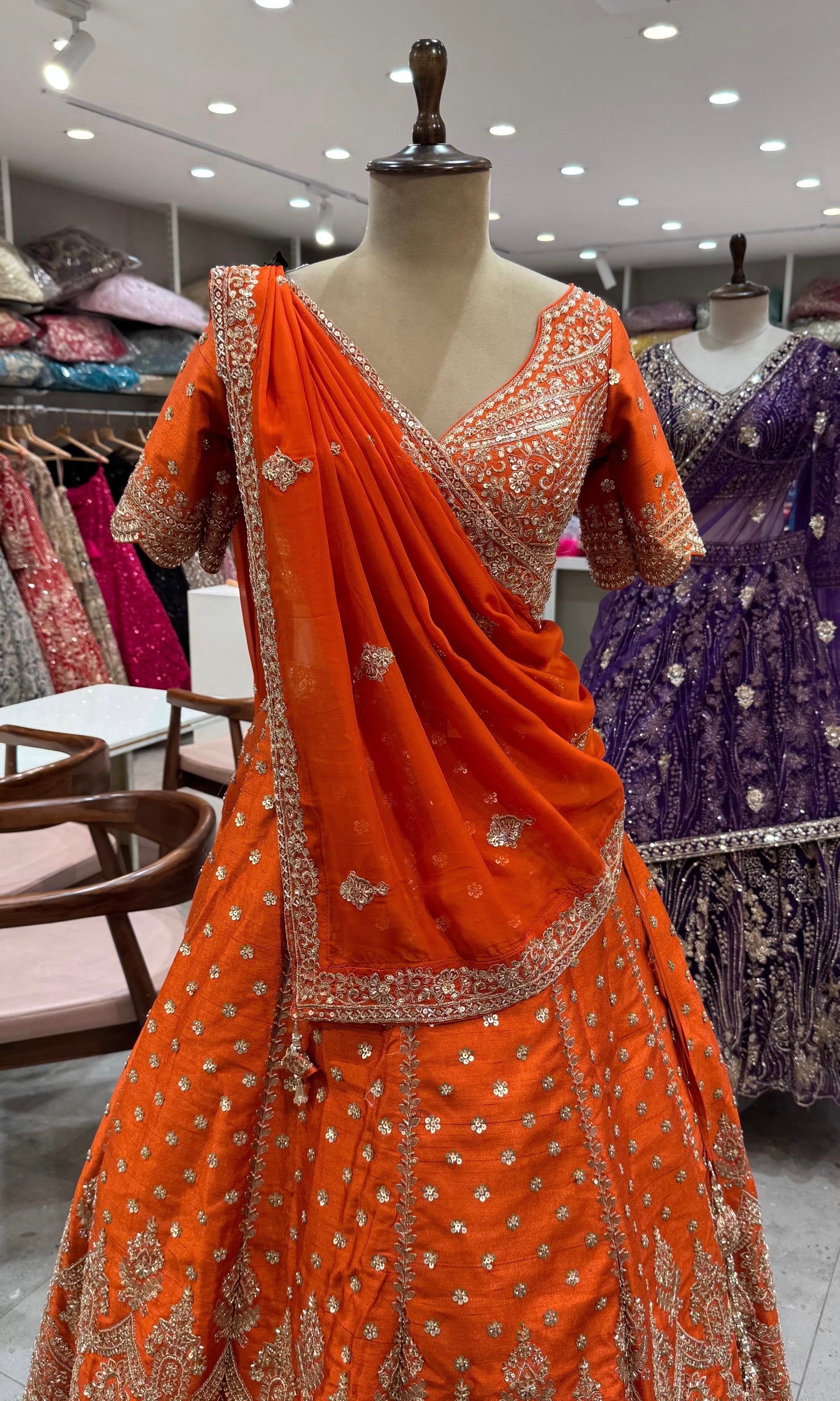 Rust Orange Zari and Sequins Lehenga