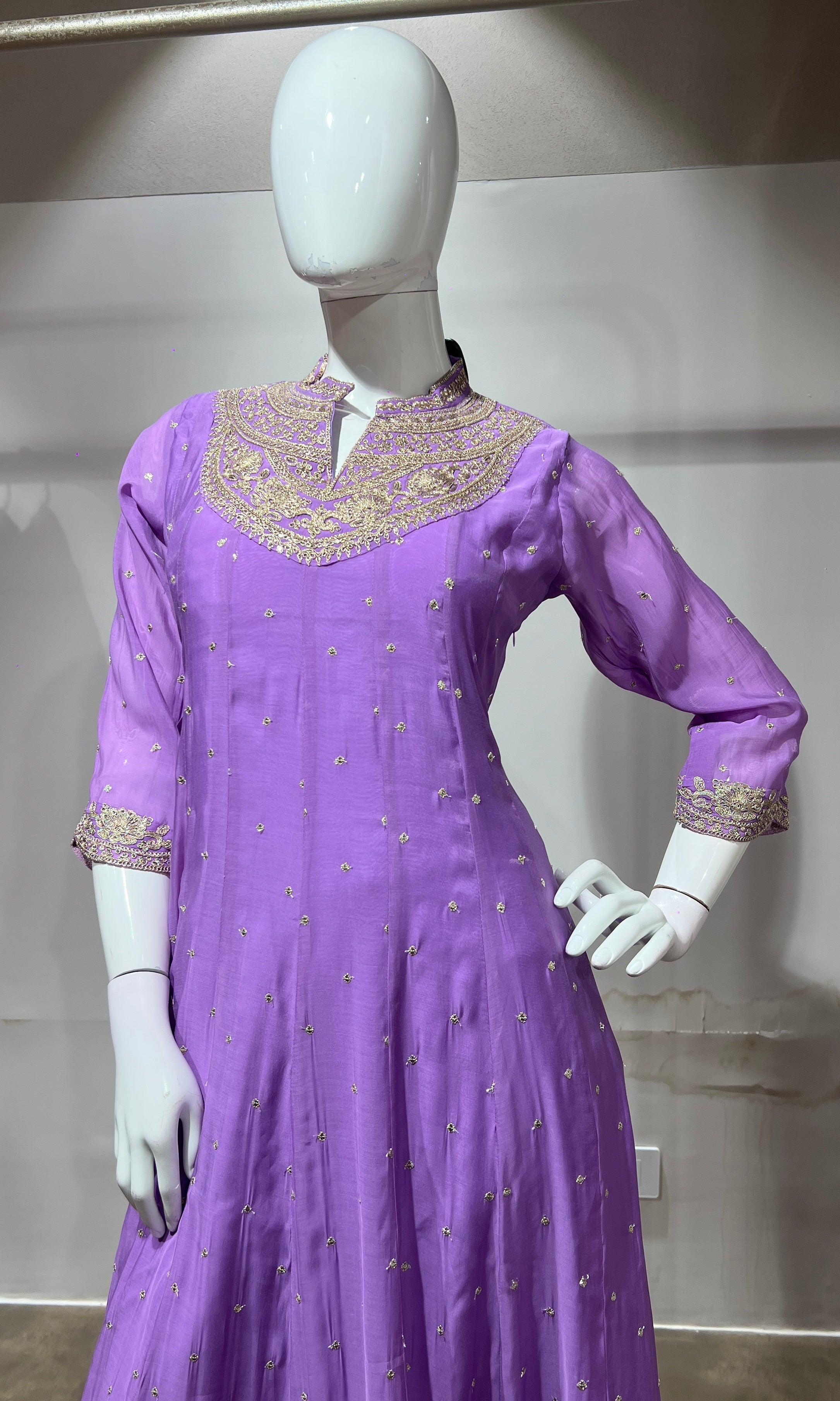 Lavender Silk Anarkali Suit Set with Scallop Dupatta
