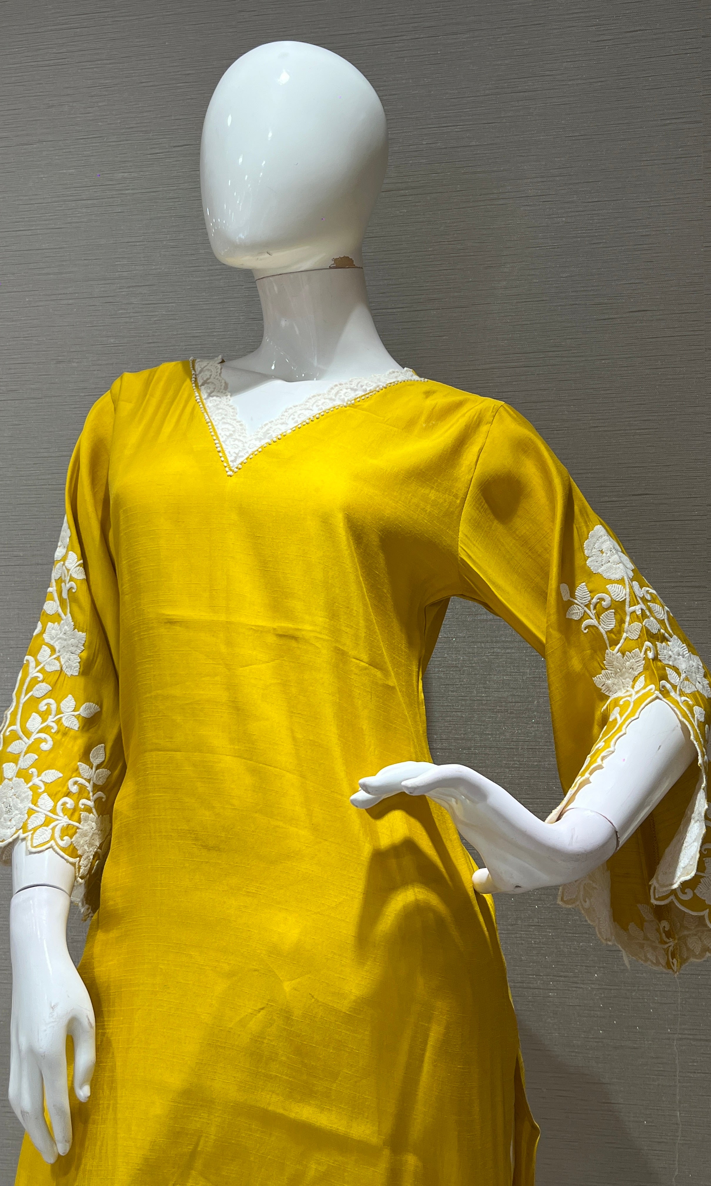 Yellow KURTI TOP WITH FULL FLORAL SLEEVES