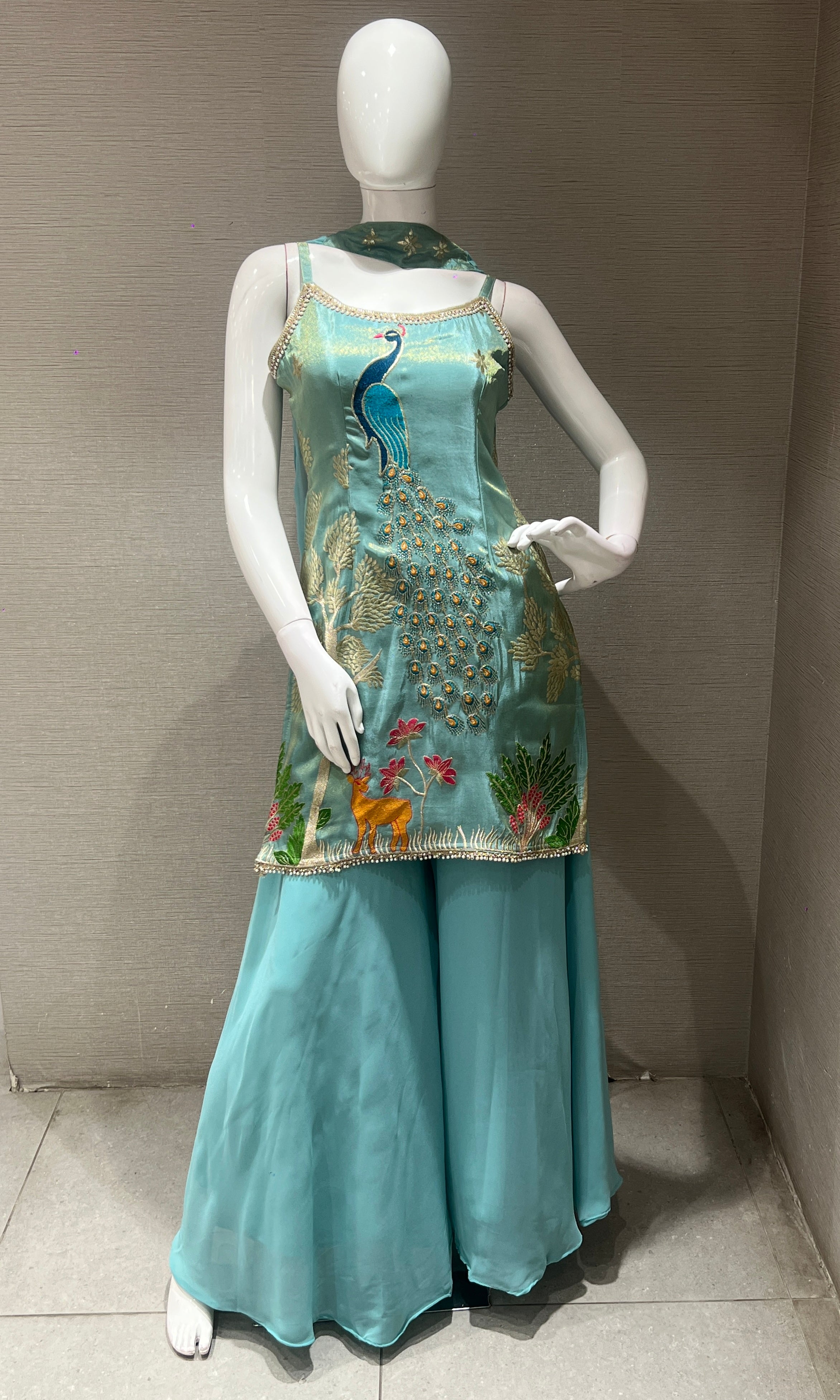 Sea blue PEACOCK EMBROIDERED palazzo