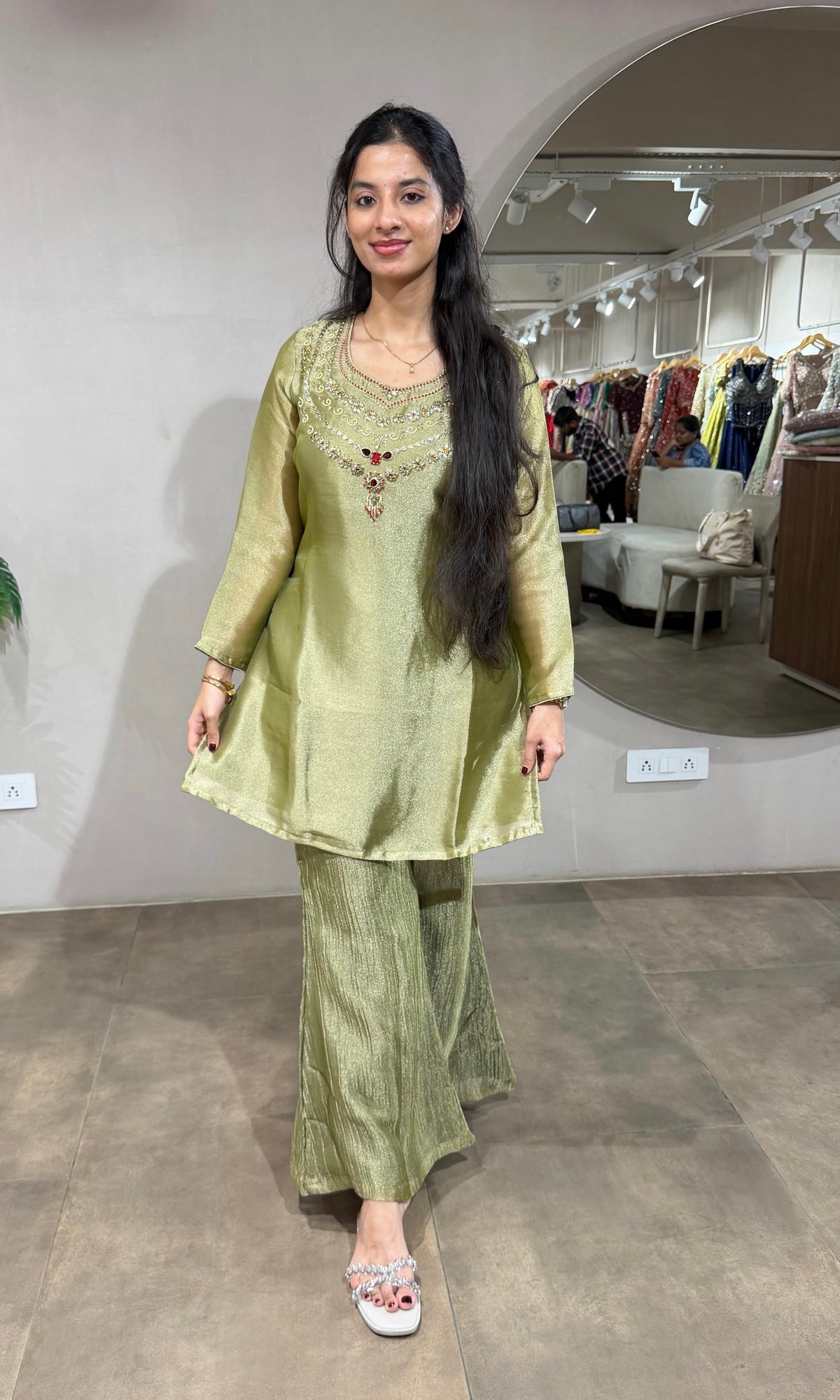 Olive Green Tissue Cord Set with Zardosi Embroidery