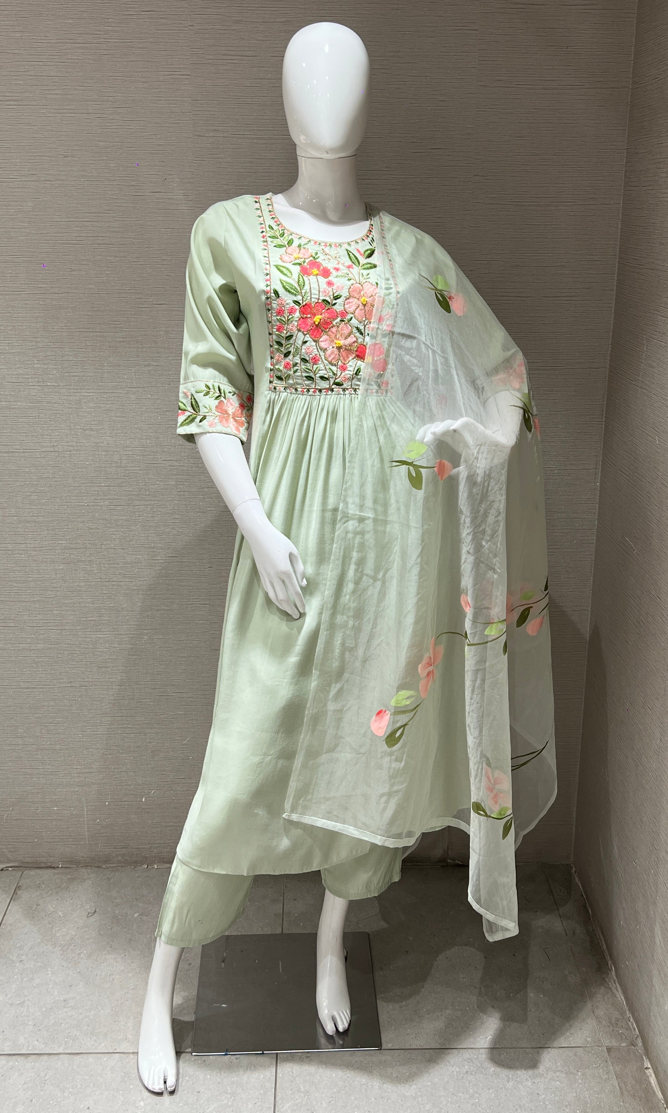 Pista Green Floral Charm Mul Chanderi kurta set