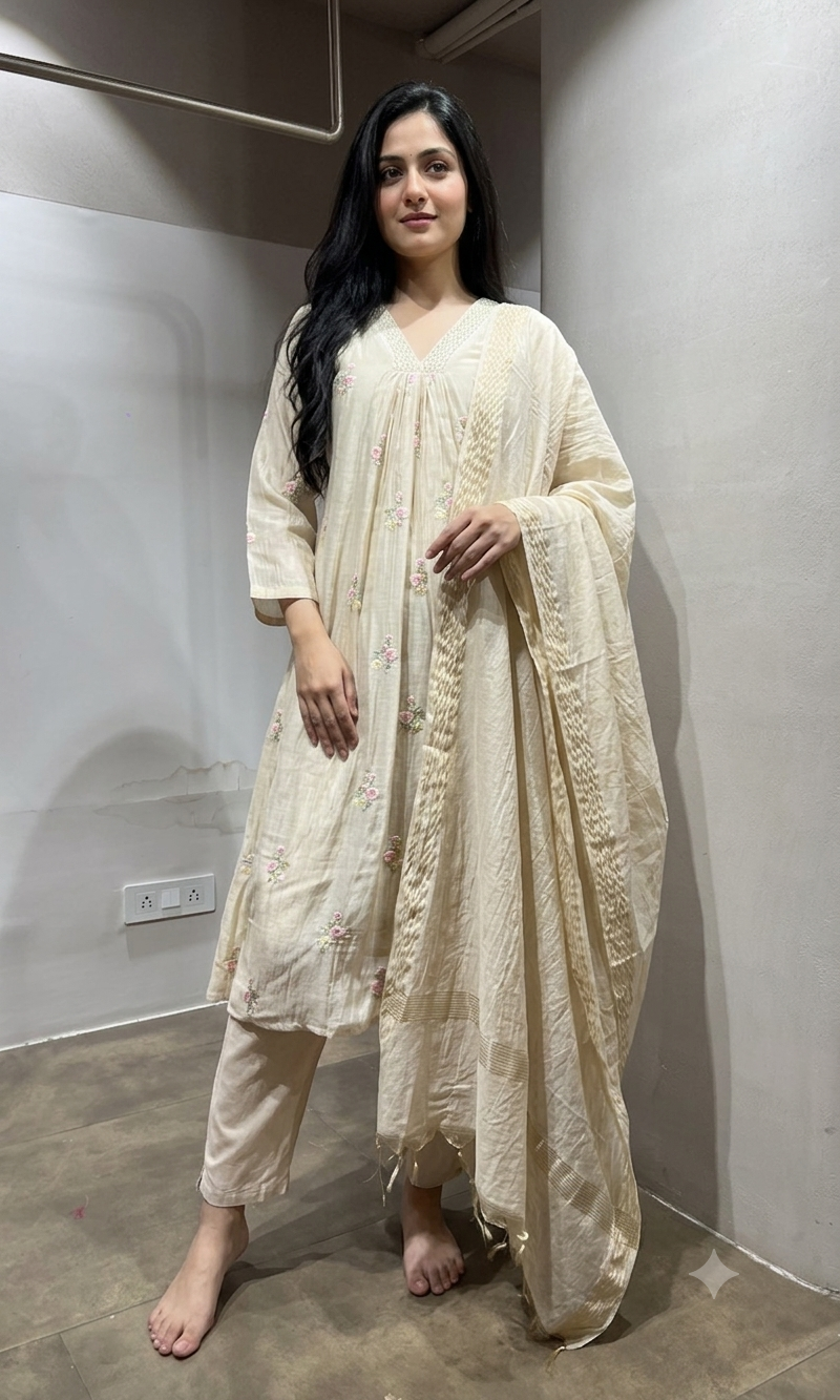Cream Floral Embroidered Kurta Set with Dupatta
