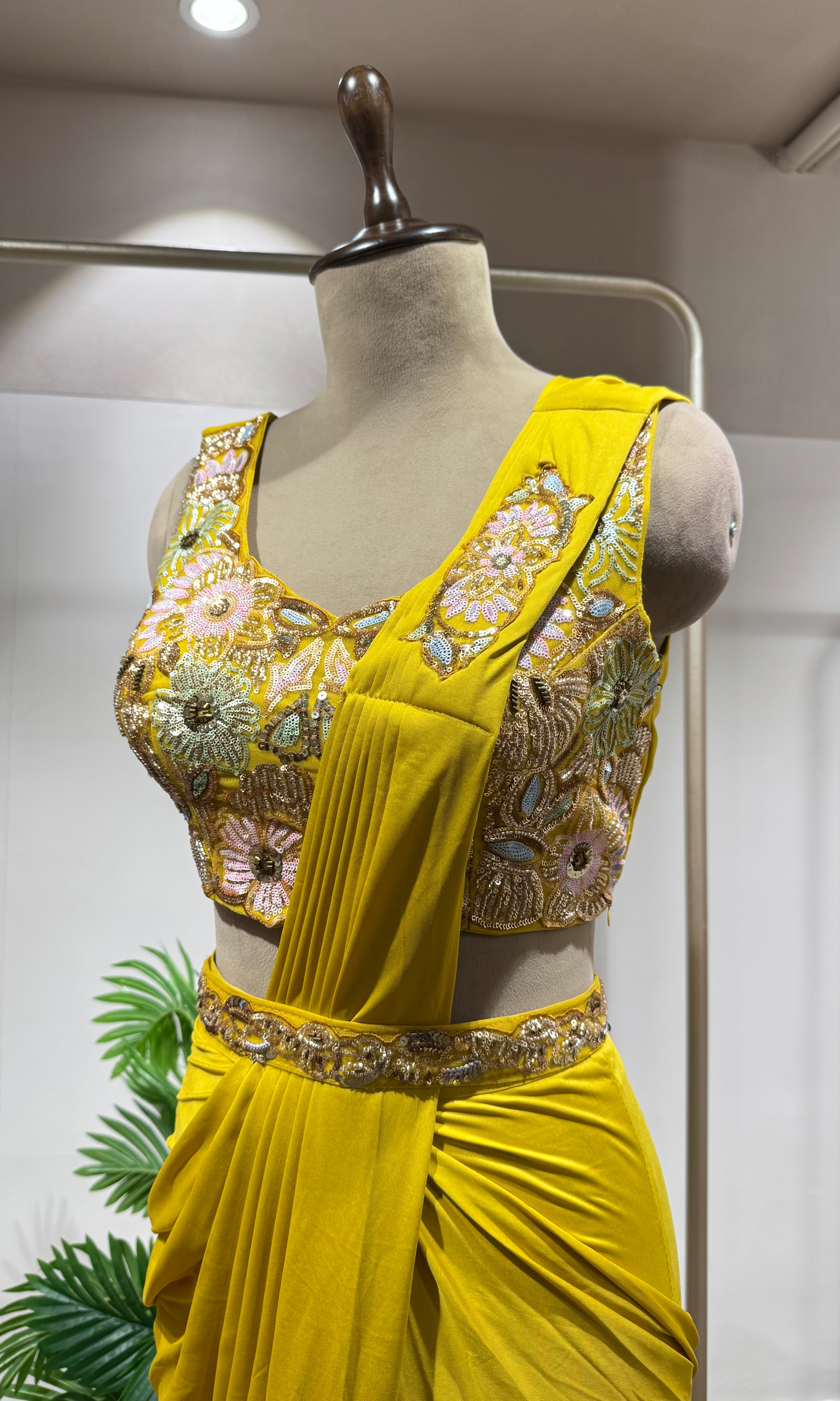 SUNSHINE YELLOW DRAPE SAREE WITH FLORAL BLOUSE
