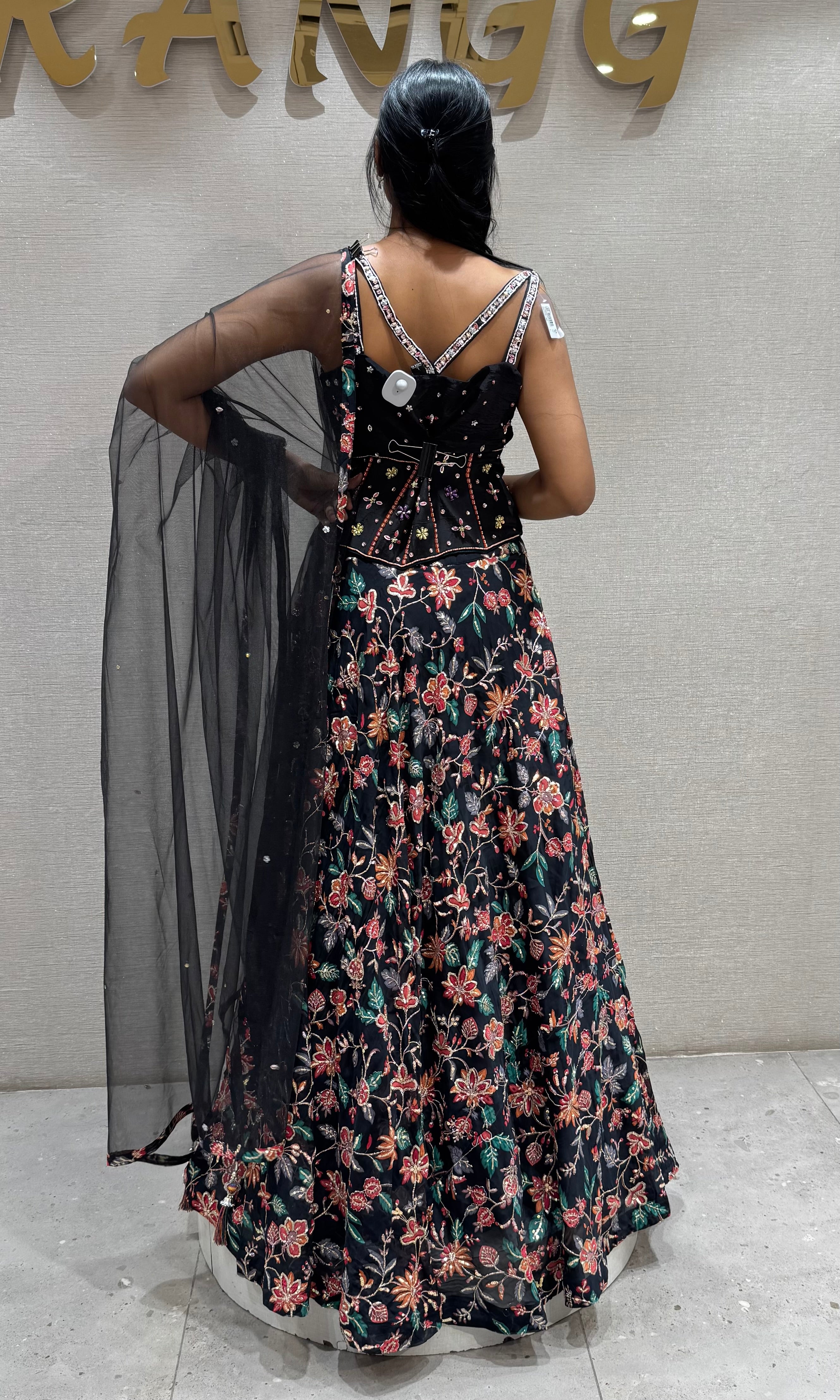 black floral printed lehenga set with corset blouse