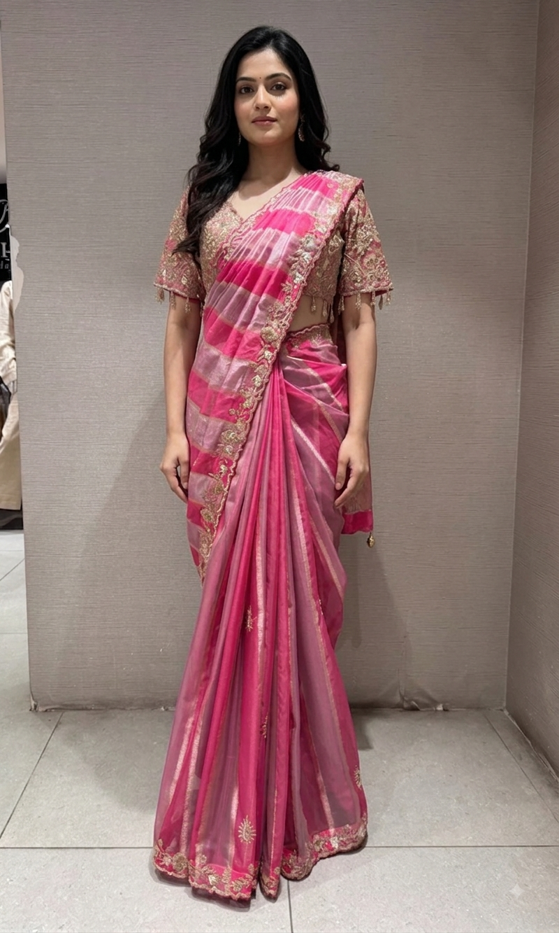 Pink Leheriya saree with embroidered blouse