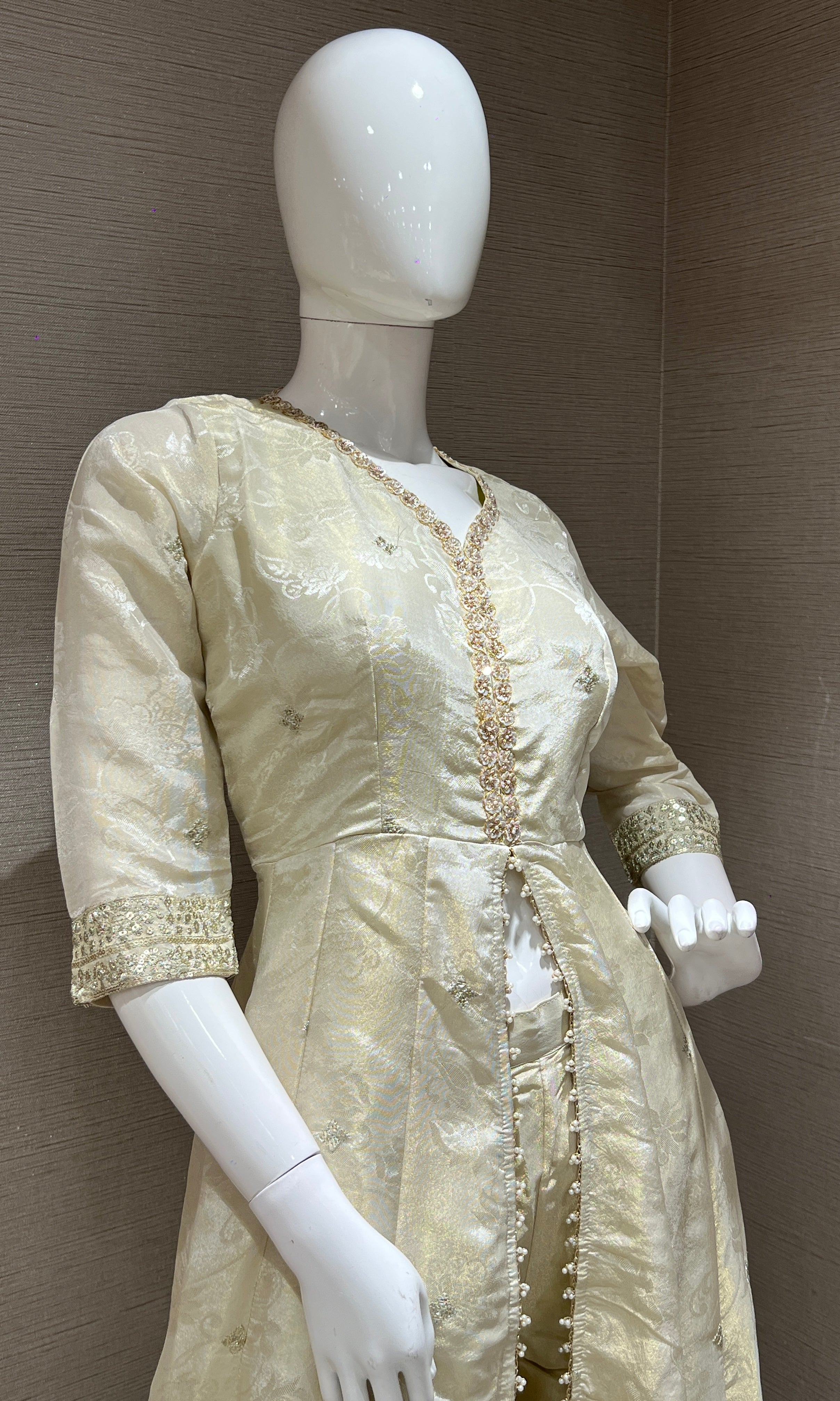 Cream Embroidered Front Slit Anarkali