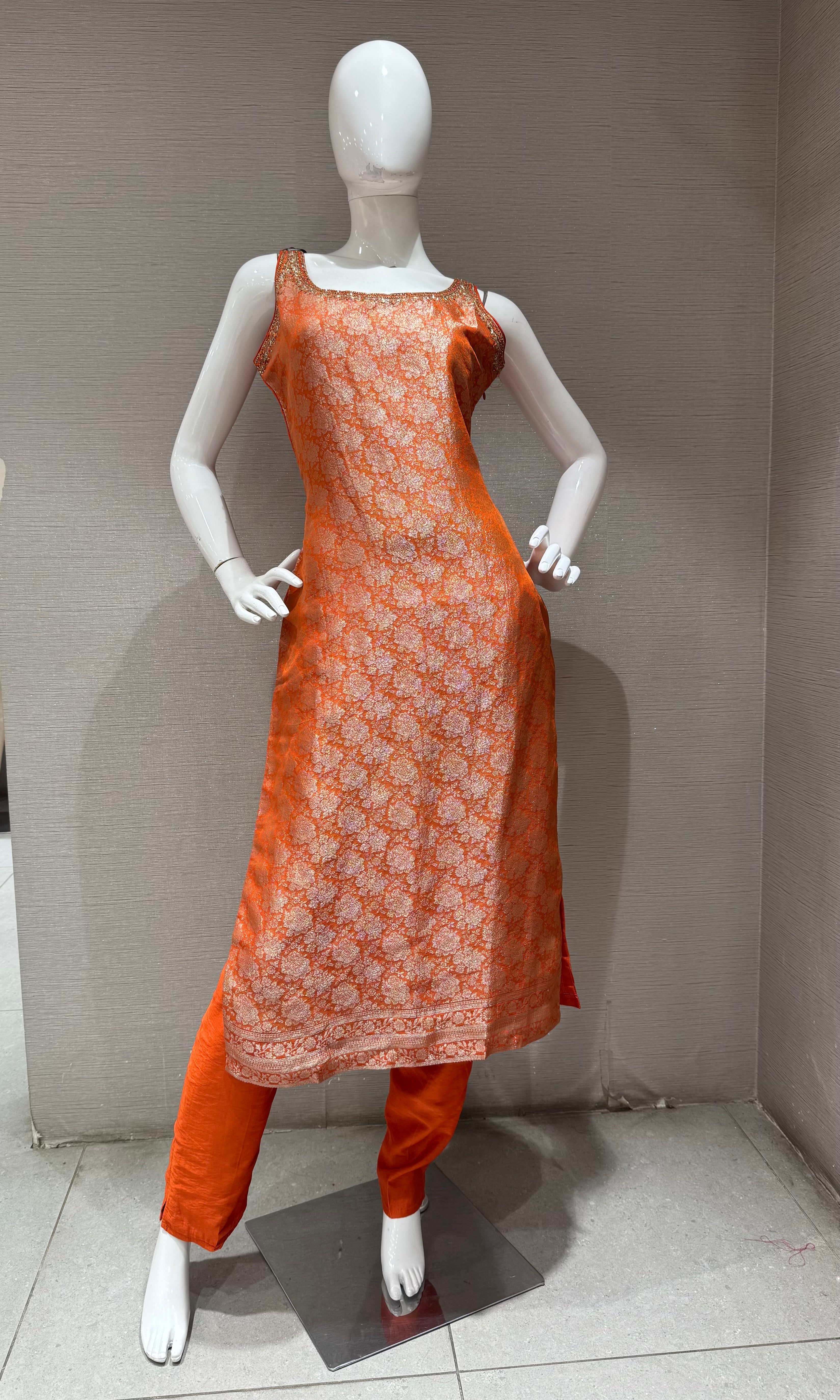 orange Banarasi silk kurta set