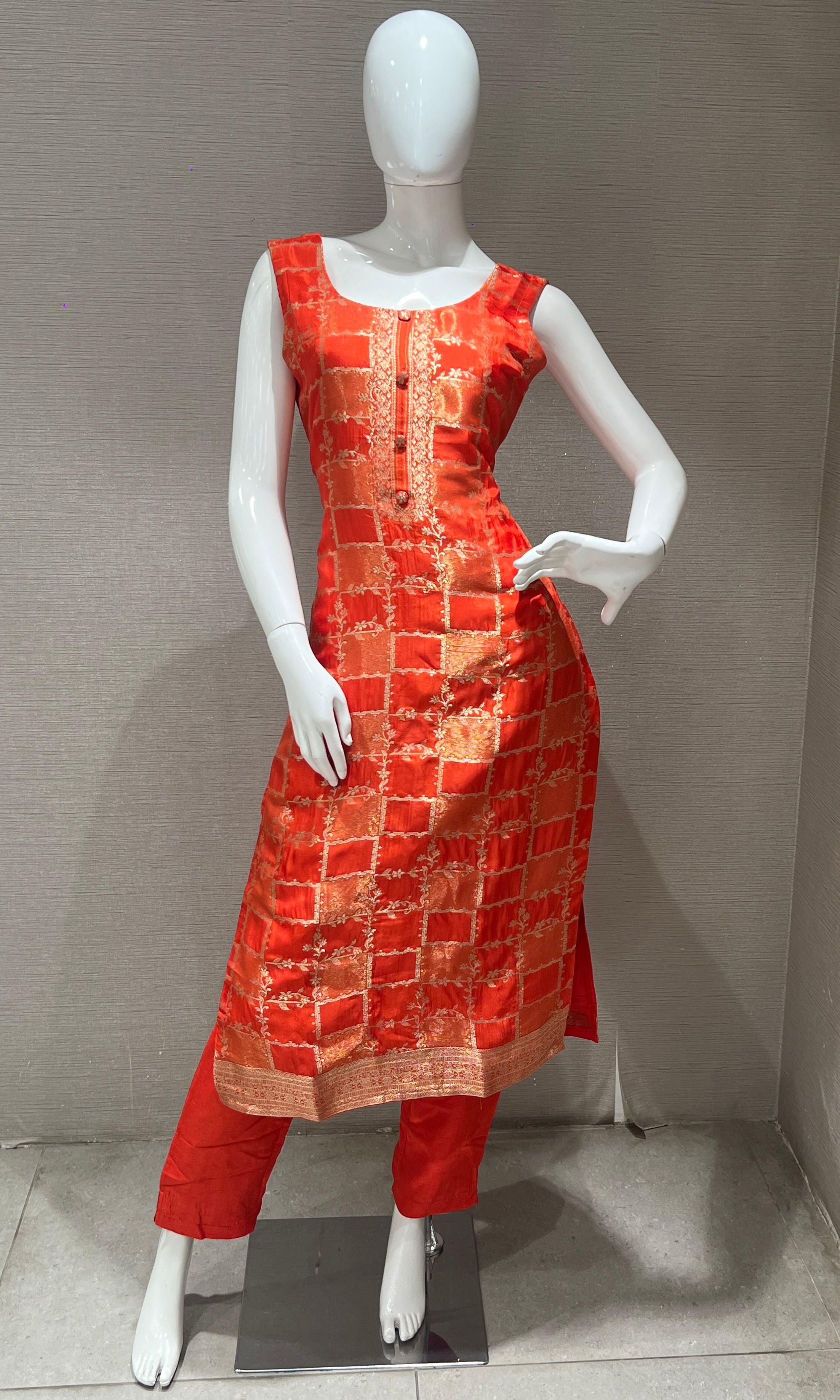 Orange kurta set Zari weaving 3333