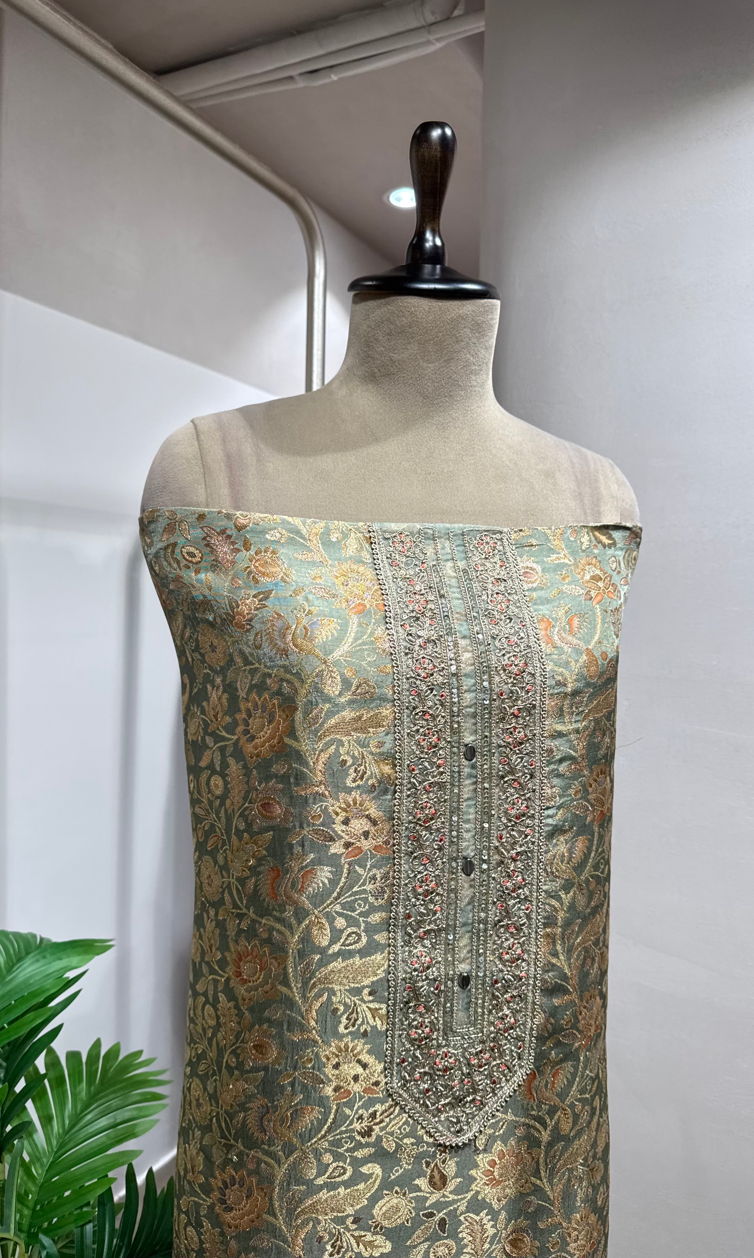 PISTA GREEN BANARASI SILK DRESS MATERIAL
